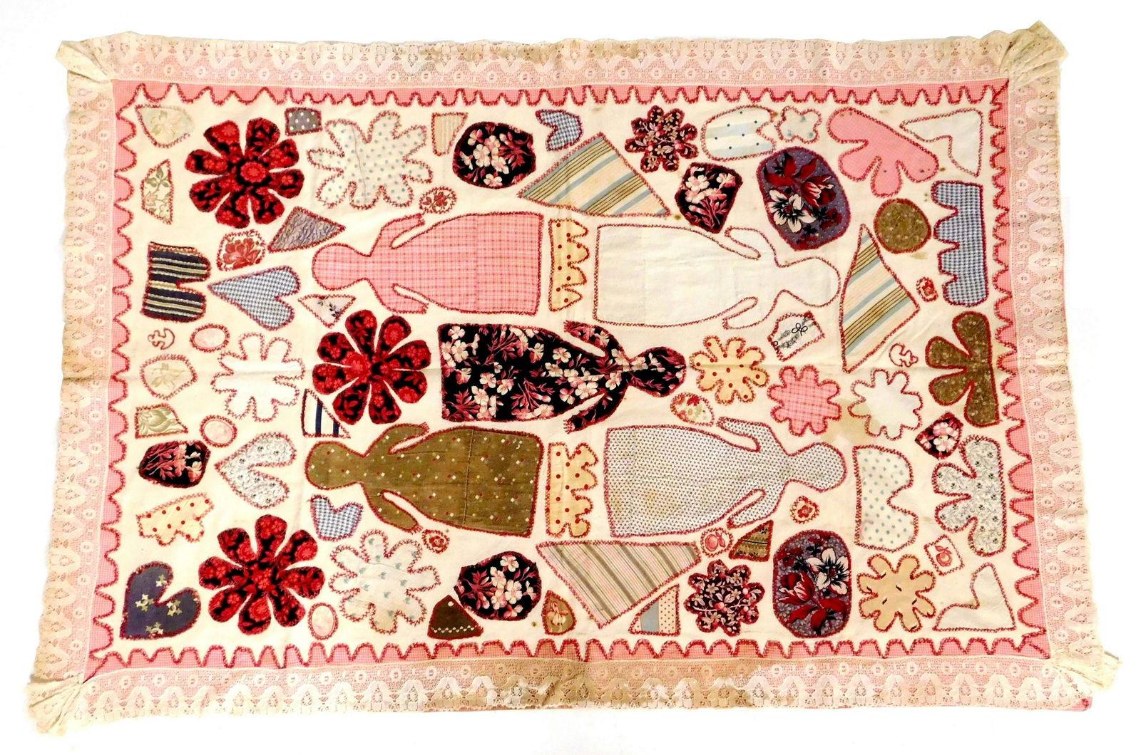 TEXTILE: AppliquÃ© panel, possibly a crib cover or wallhanging, c. 1890-1910, with five figures of (1 of 3)
