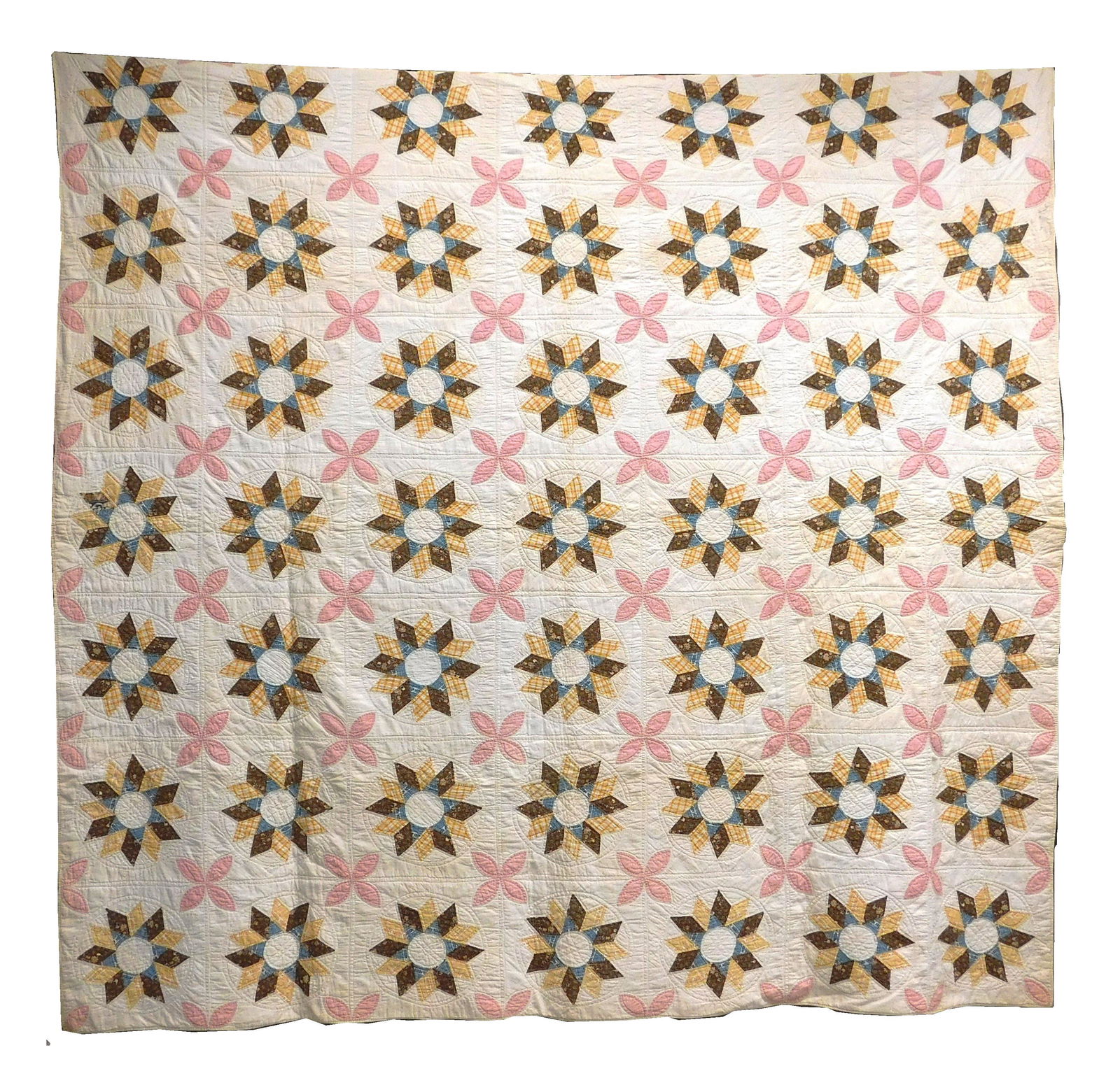 TEXTILES: Pieced and appliquÃ©d calico cotton quilt with 49 blocks, c. 1850, each block features a (1 of 3)
