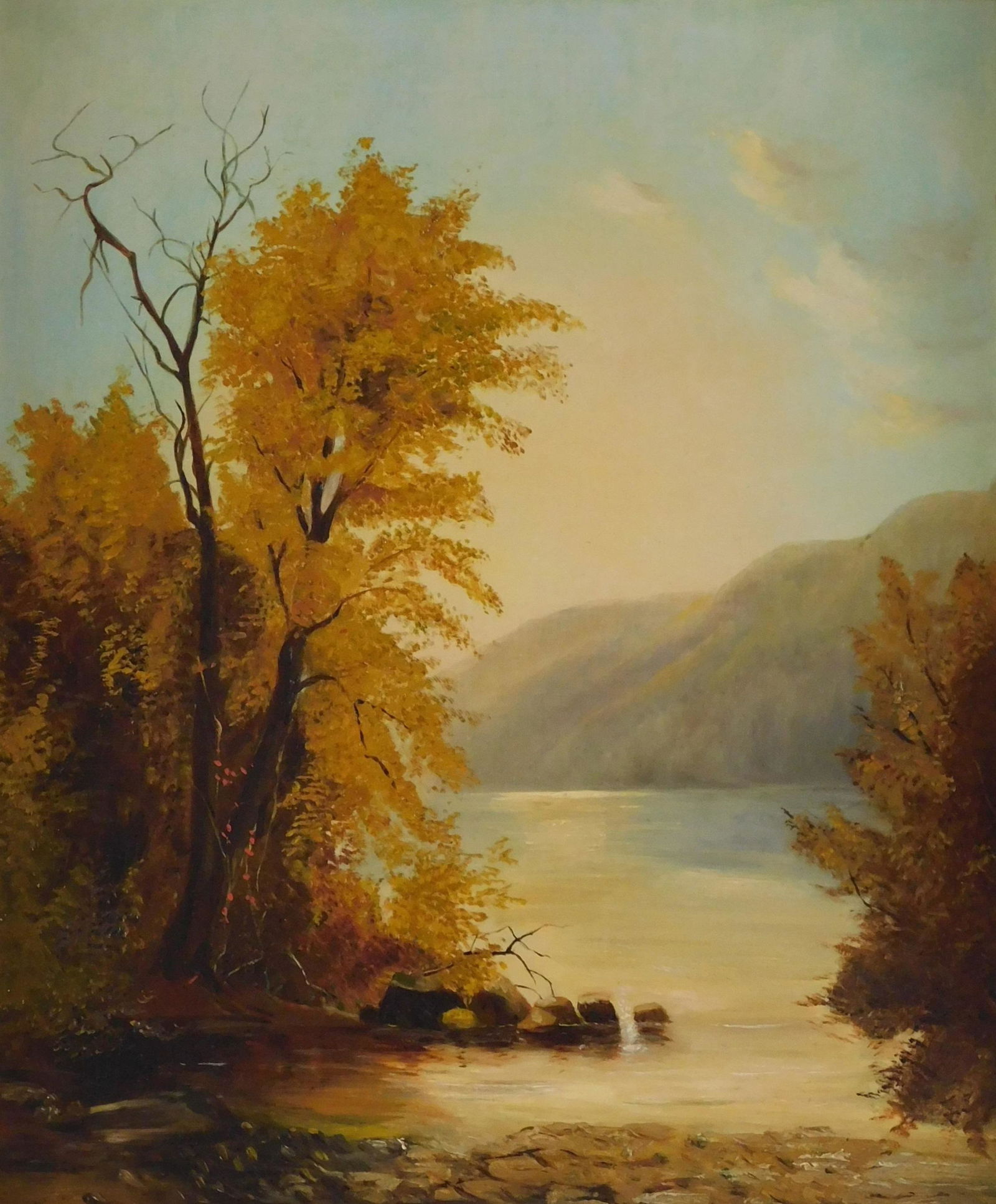 American School landscape, oil on canvas laid down on masonite, autumn scene with gold leaves, (1 of 4)