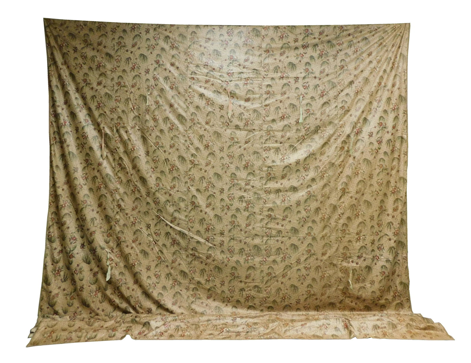 TEXTILE: Tester, c. 1830, cotton chintz cylinder print with jersey tape binding, muted brown with: TEXTILE: Tester, c. 1830, cotton chintz cylinder print with jersey tape binding, muted brown with maroon blossoms and stems, overall good condition with wear consistent with age, 13' 3" x 10'.