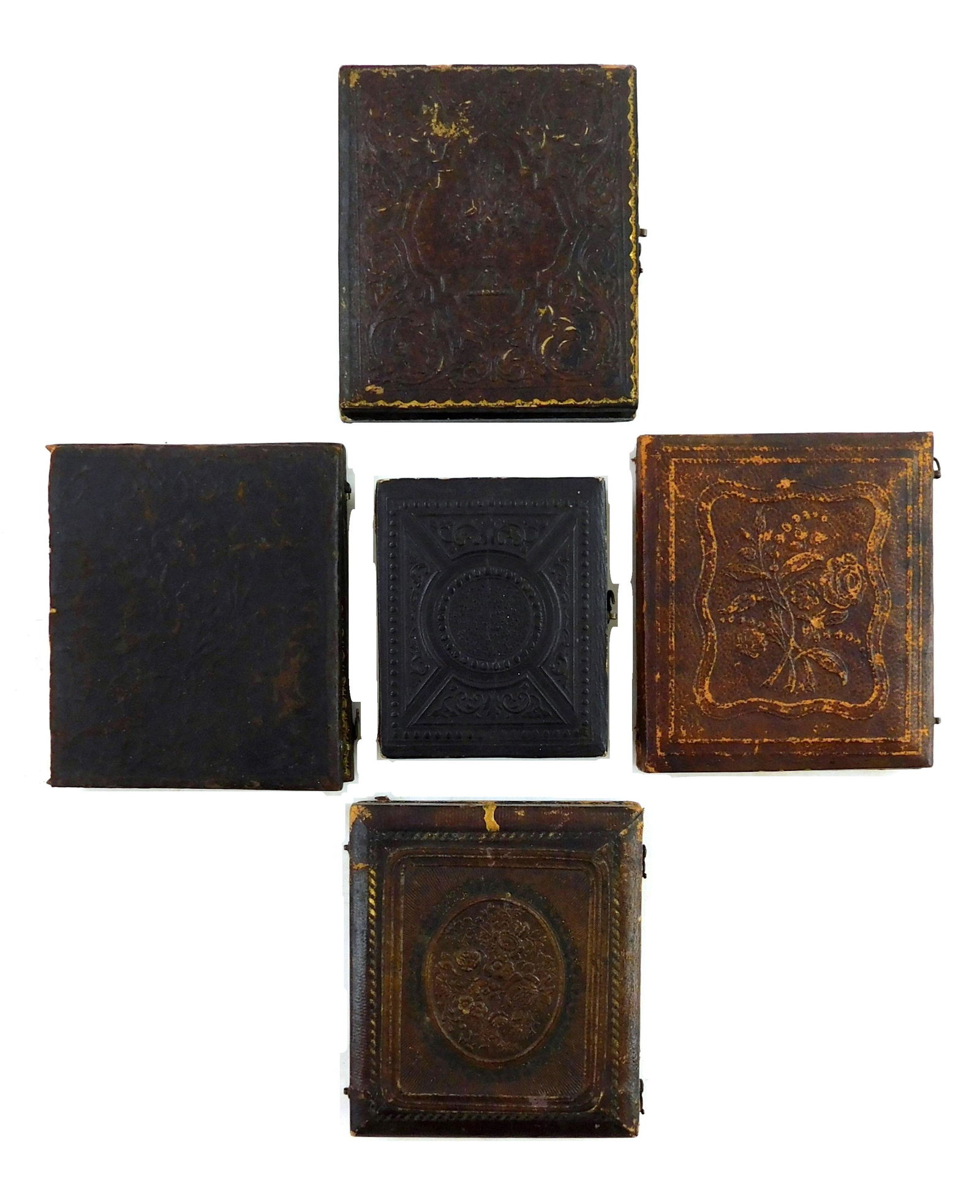 Early photography, five leather cased daguerreotypes, details include two portraits of gentlemen in (1 of 5)