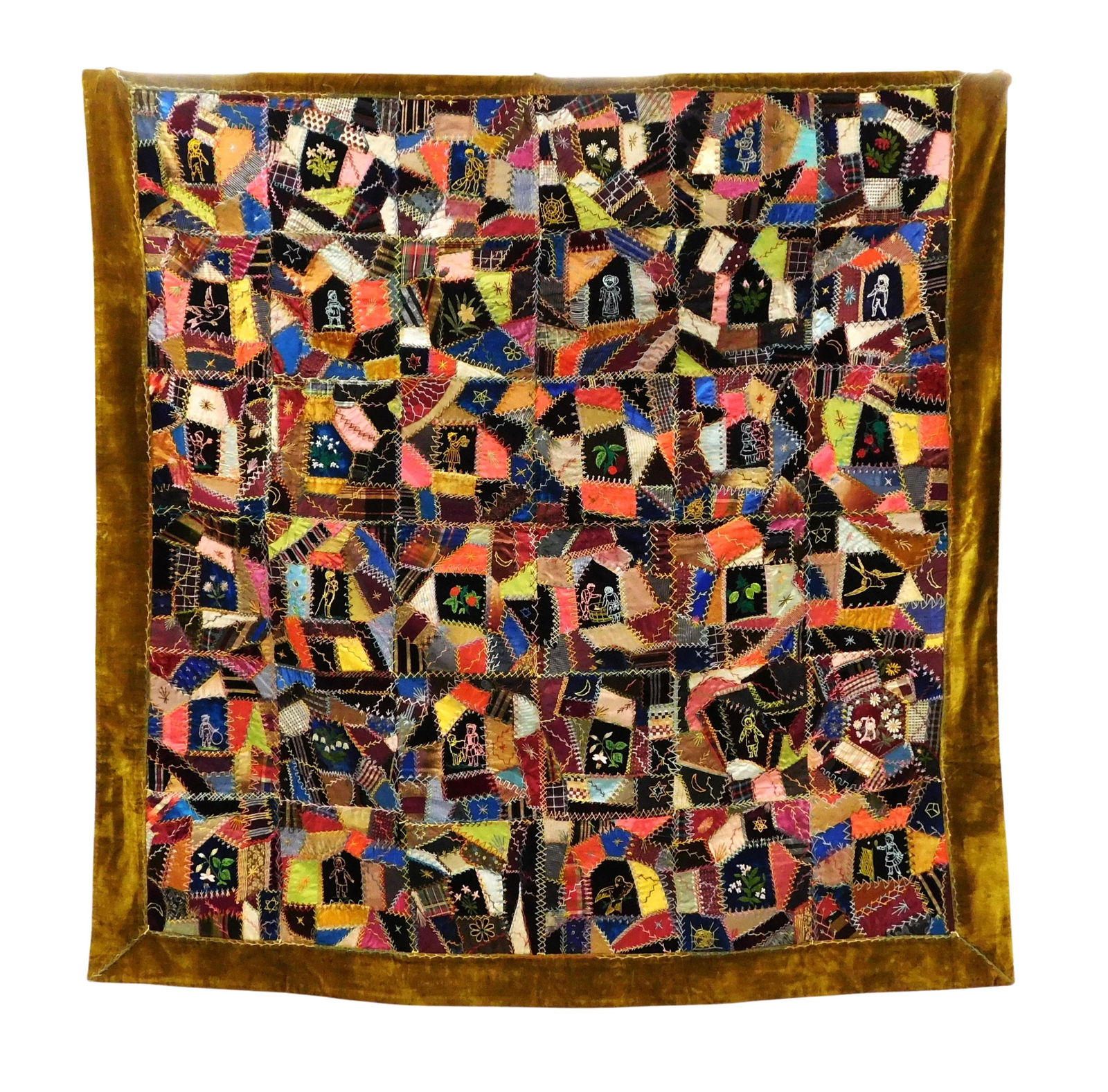 TEXTILE: Victorian crazy quilt, c. 1880, gold plush border and embroidery, figures and visible (1 of 2)