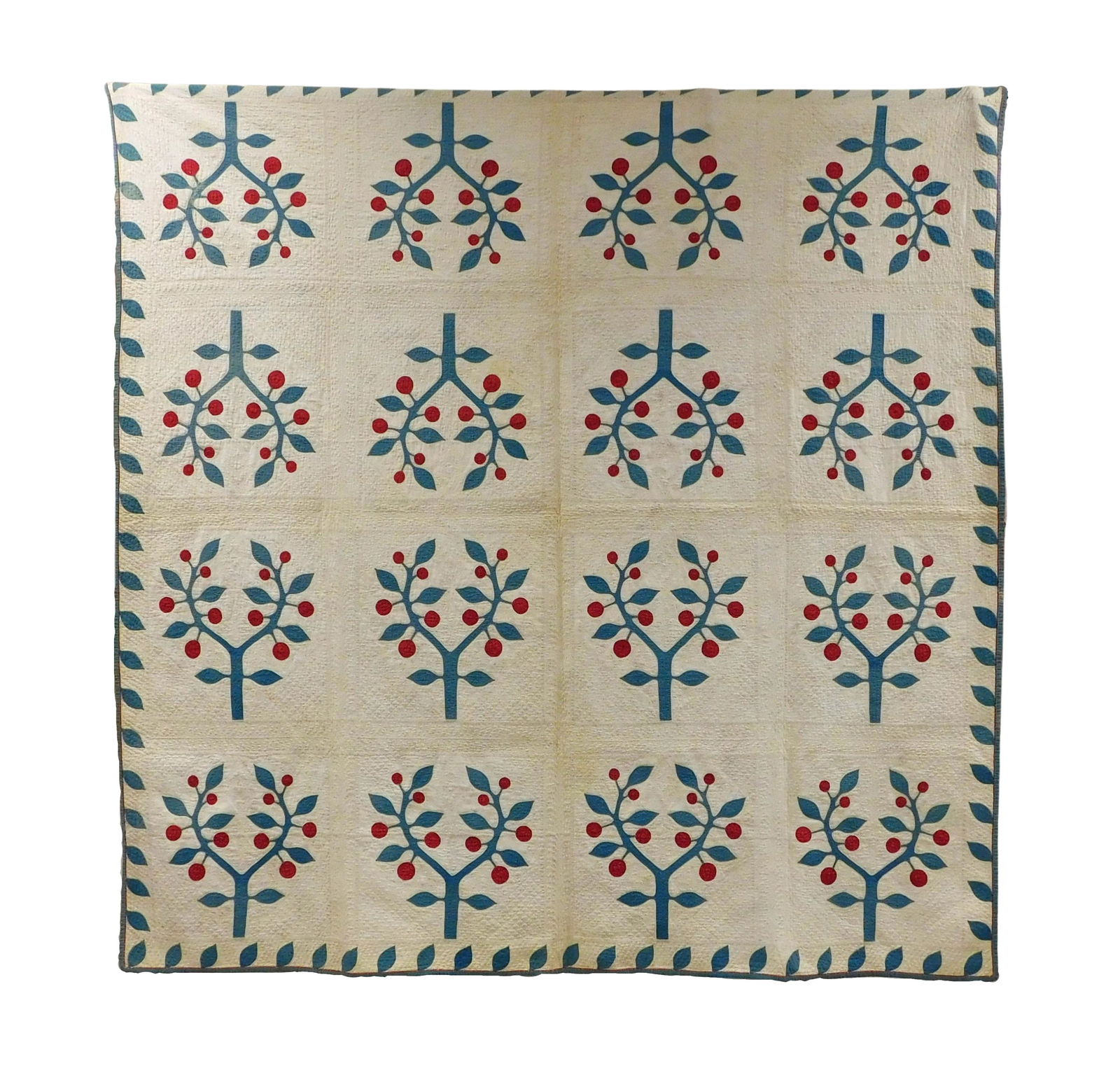 TEXTILE: Quilt, c. 1840 - 1860, apple tree applique, elaborate quilting, green and red on white, (1 of 2)