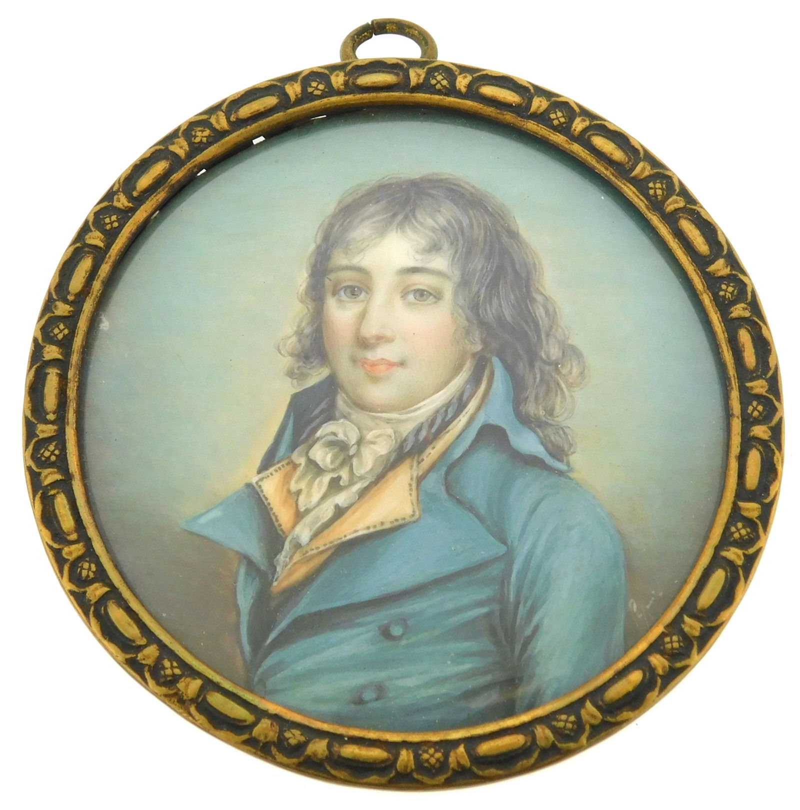 MINIATURE: Young man, indistinctly signed, round support, blue jacket, peach waistcoat, white (1 of 2)