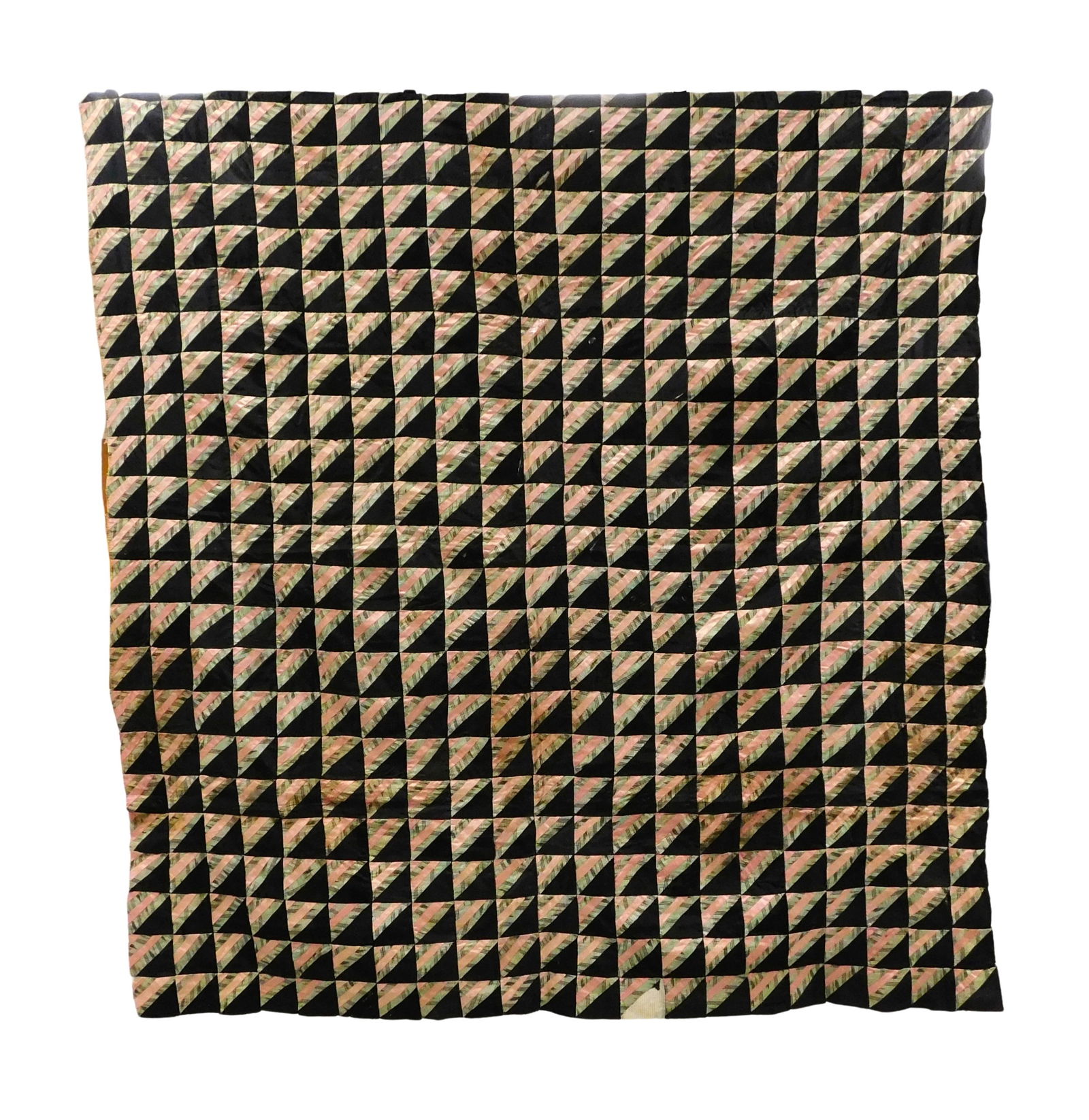 TEXTILE: Quilt top, c. 1920 - 1940, triangle and stripe deco appearance in colors of black, pink, (1 of 2)