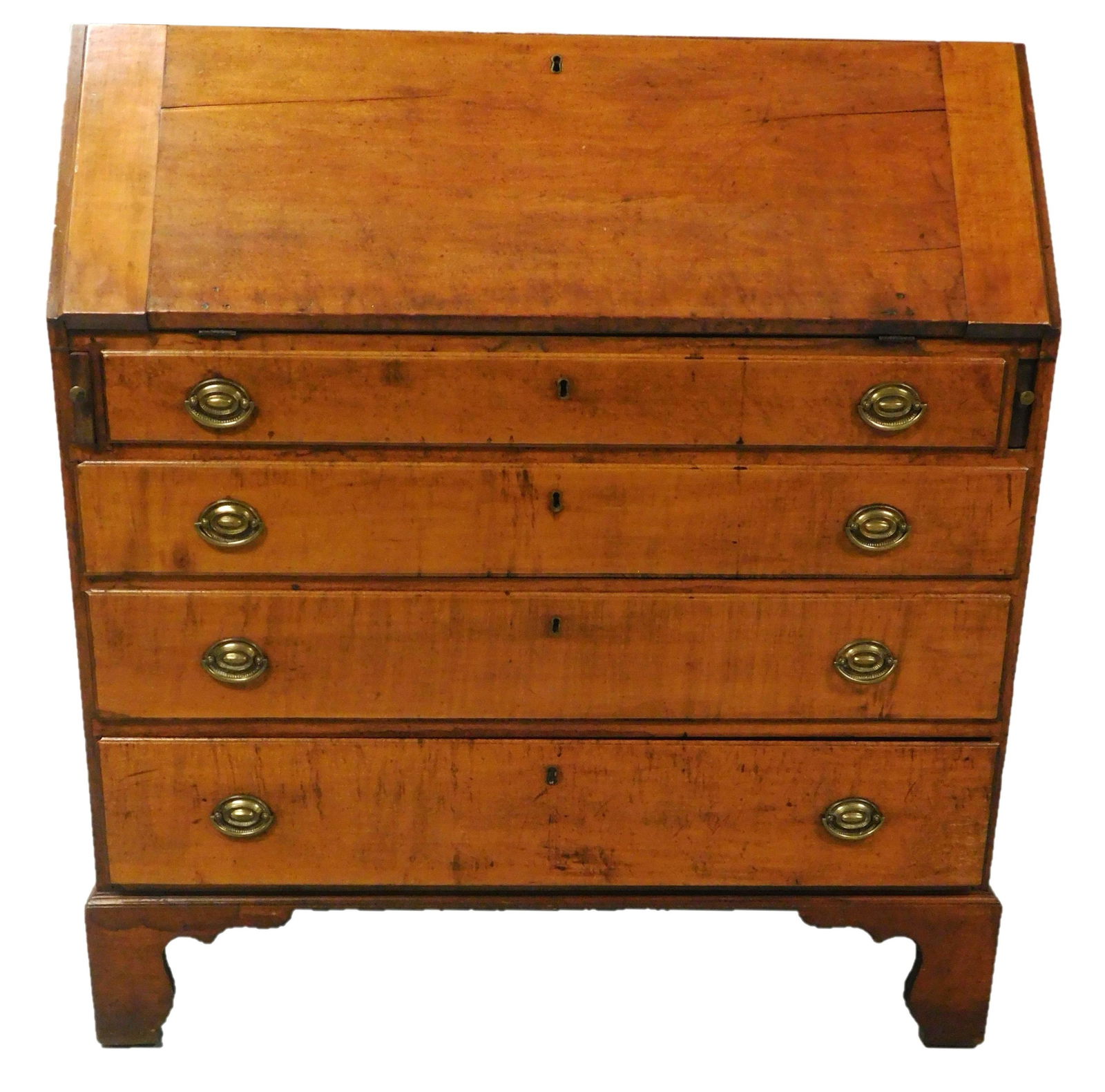 Hepplewhite slant lid desk, American, late 18th C./ early 19th C., maple, interior with five short (1 of 3)