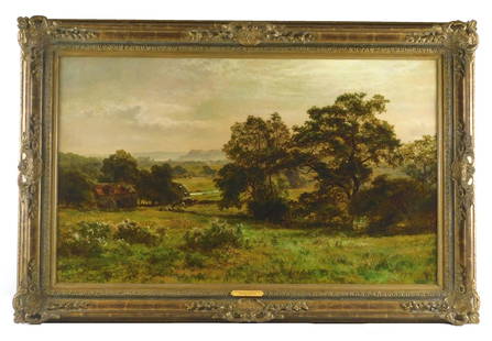 Robert Gallon (English, 1845 - 1925), "Summer's Sun and Silent Shade", oil on canvas, depicts: Robert Gallon (English, 1845 - 1925), "Summer's Sun and Silent Shade", oil on canvas, depicts bucolic landscape with meadow in foreground, figures in pasture around barn in middleground, hills in