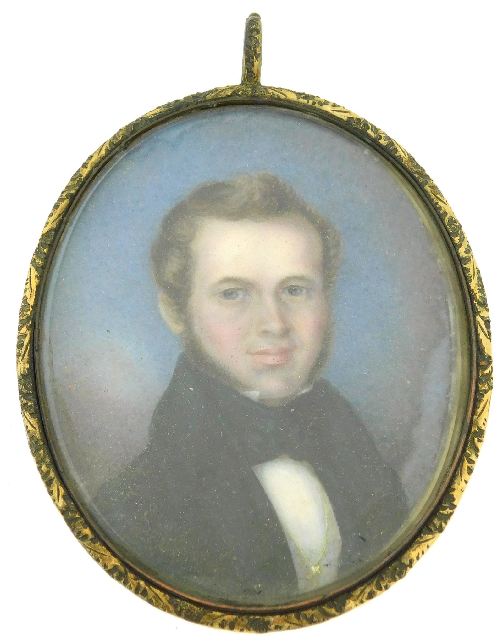 MINIATURE: Gentleman, oval support, brown hair and sideburns, black jacket and neckcloth, blue (1 of 2)