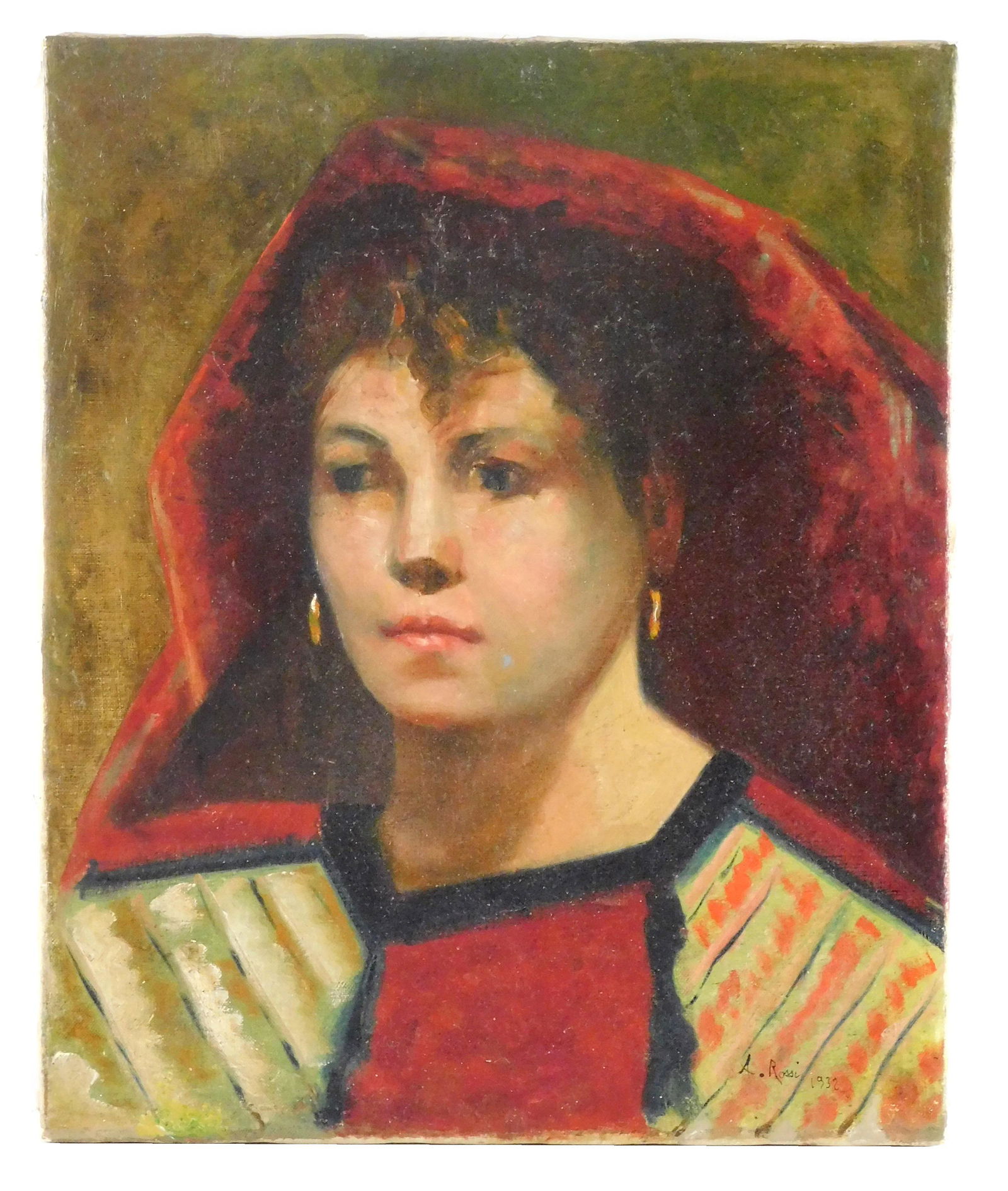 Alberto Rossi (Italian, 1858 - 1936) oil on canvas, 1932, portrait of a young lady with red veil, (1 of 2)