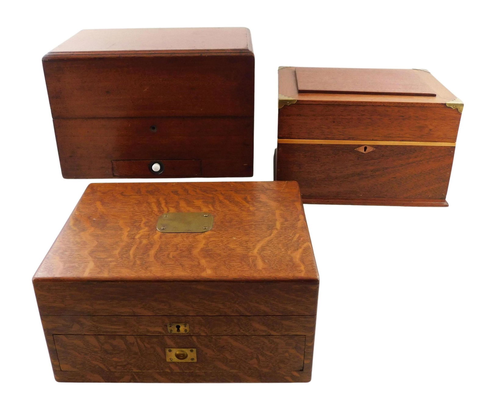 Three oak boxes, early to mid 20th C., all with fitted compartments, two with brass hardware, none (1 of 3)