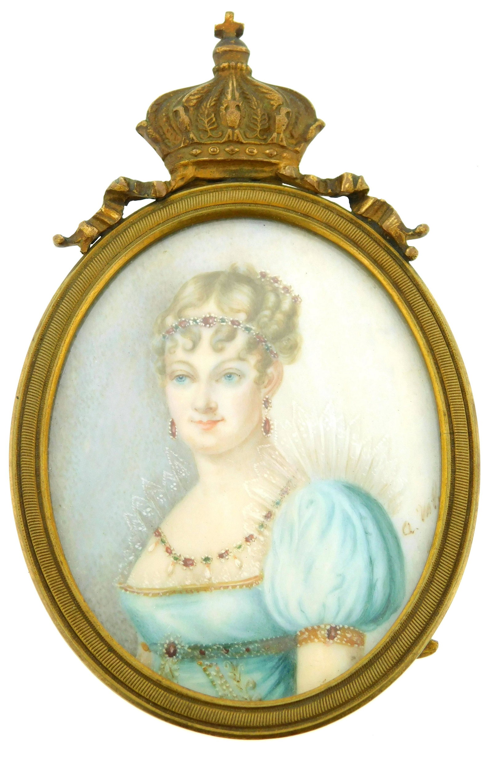 MINIATURE: Woman, oval support, blonde hair with ruby hair comb and band, ruby earrings and: MINIATURE: Woman, oval support, blonde hair with ruby hair comb and band, ruby earrings and necklace, Empire waist gown with gold and jewel trim, signature center right A. Valy ?, in metal frame with 
