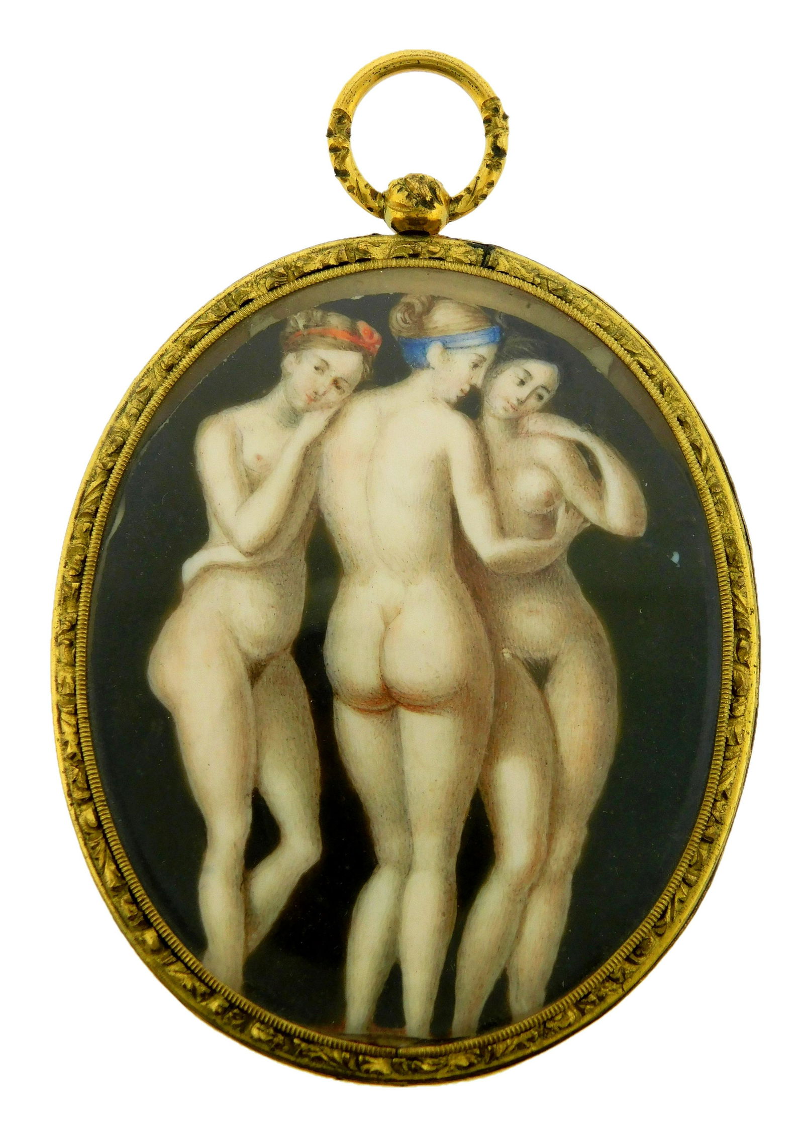 MINIATURE: "Three Graces", oval support, after the Greek myth, copied from a painting in Florence, (1 of 2)