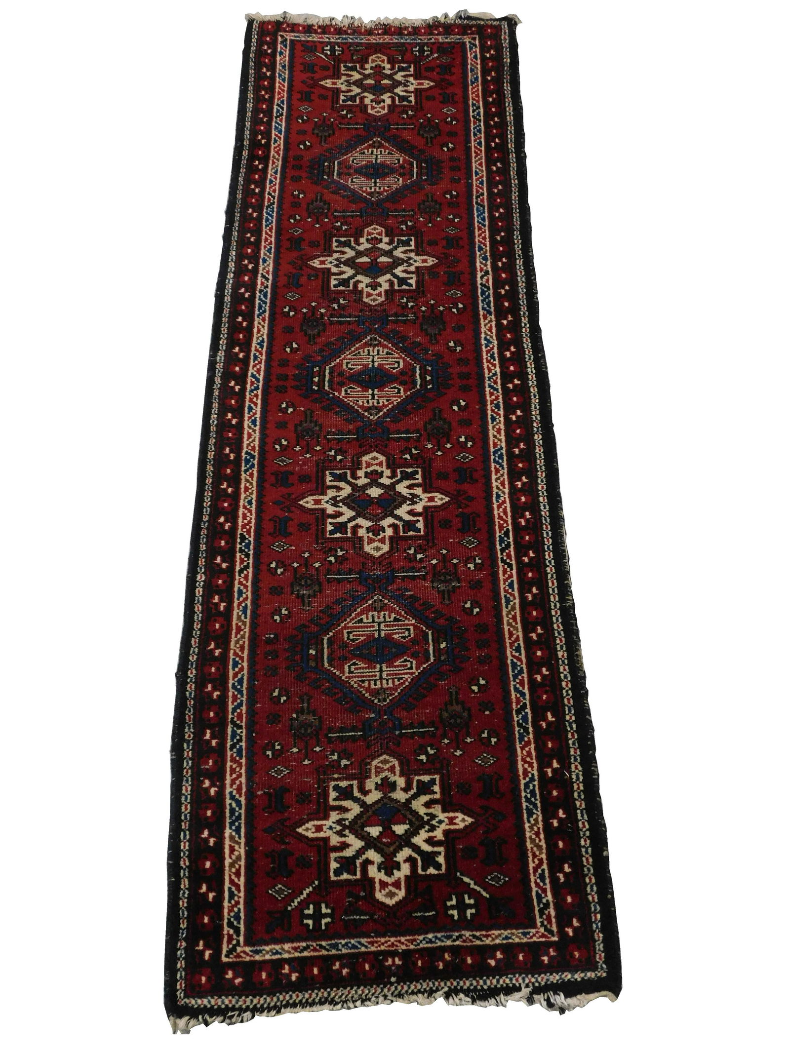 RUG: Semi Antique Persian Runner (Karada Design), wool on cotton, deep red field with a navy border (1 of 5)