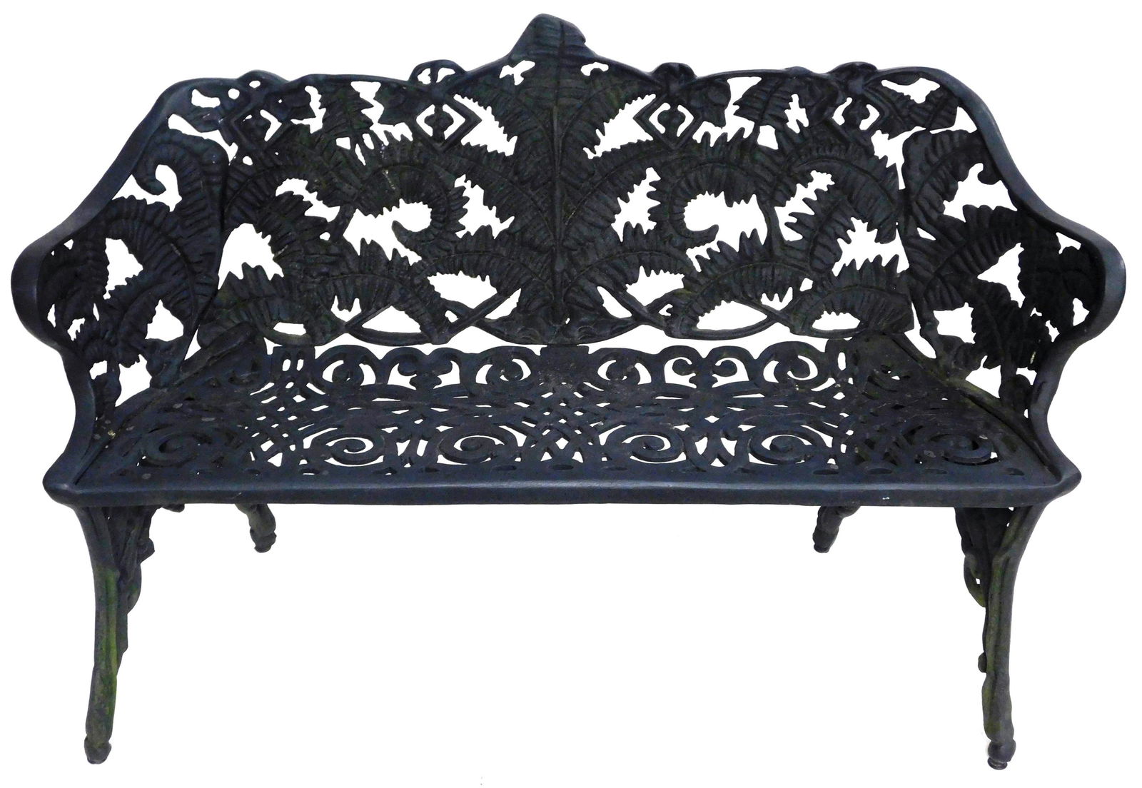 GARDEN: Patio bench, 20th C., cast metal with painted black finish, pierced design of ferns to back: GARDEN: Patio bench, 20th C., cast metal with painted black finish, pierced design of ferns to back and sides, pierced scrolling geometric design to seat, on four legs, no maker's mark viewed, wear co