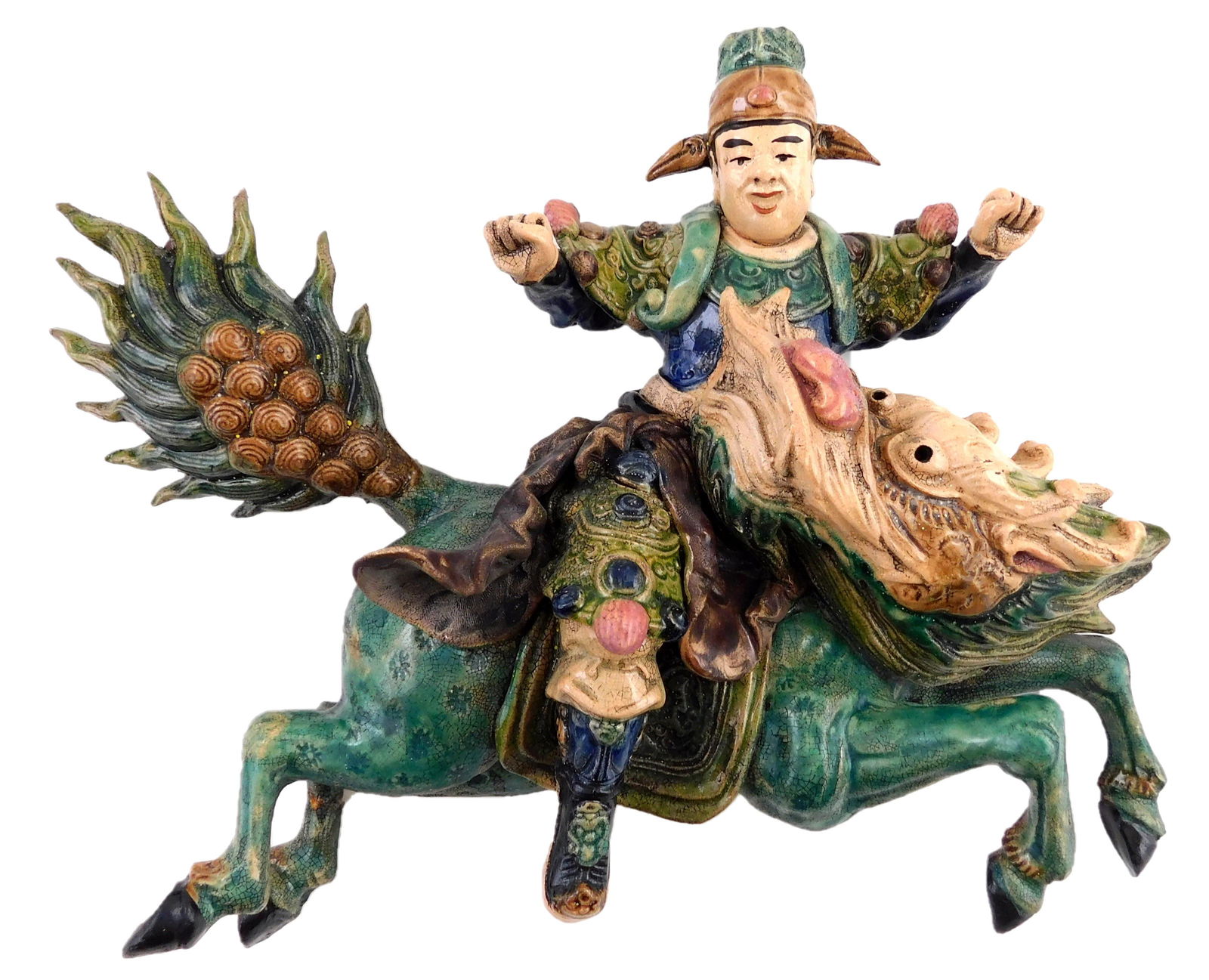 ASIAN: Chinese figural pottery roof tile, featuring a warrior mounted on a horse dragon (Longma), (1 of 3)