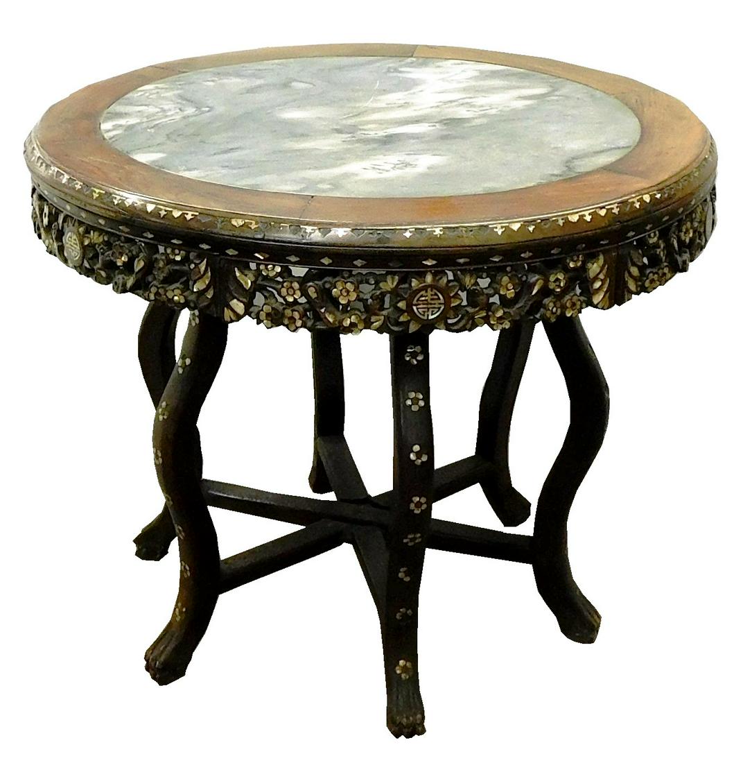 ASIAN: Chinese center table with Mother of Pearl inlay, c. 1905 - 1910, round grey inset marble with (1 of 2)