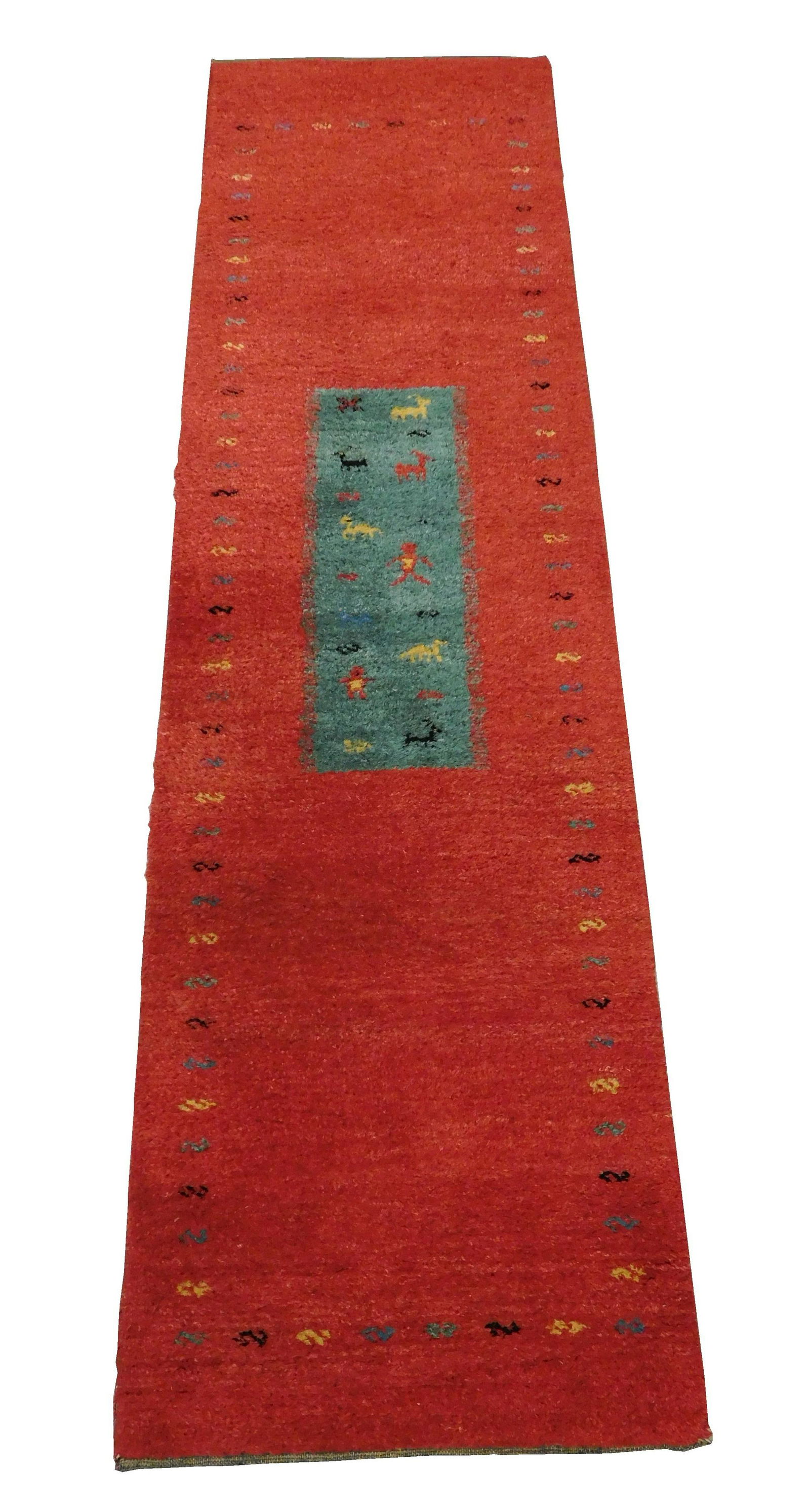 RUG: Modern Persian Gabbeh runner, wool on wool, cranberry field with yellow blue and navy accents, (1 of 4)