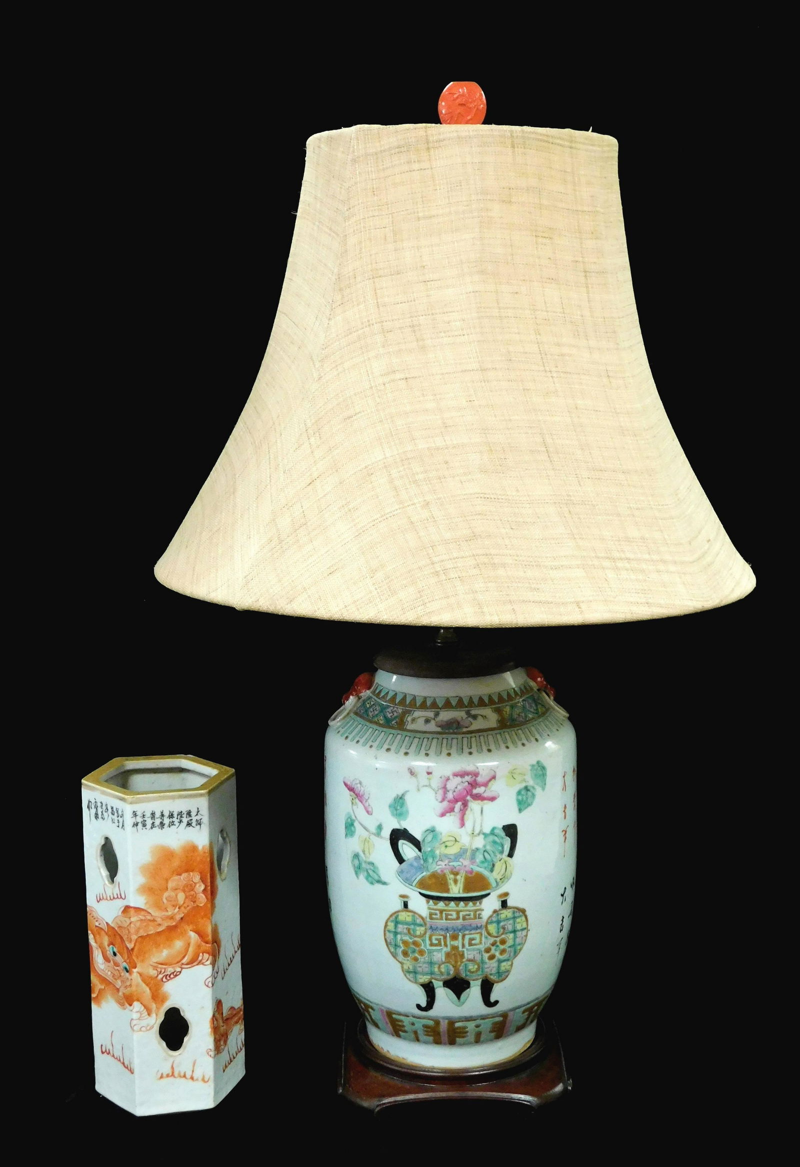 ASIAN: Two Chinese export items, including a famille rose porcelain vase, late Qing/Republican (1 of 4)