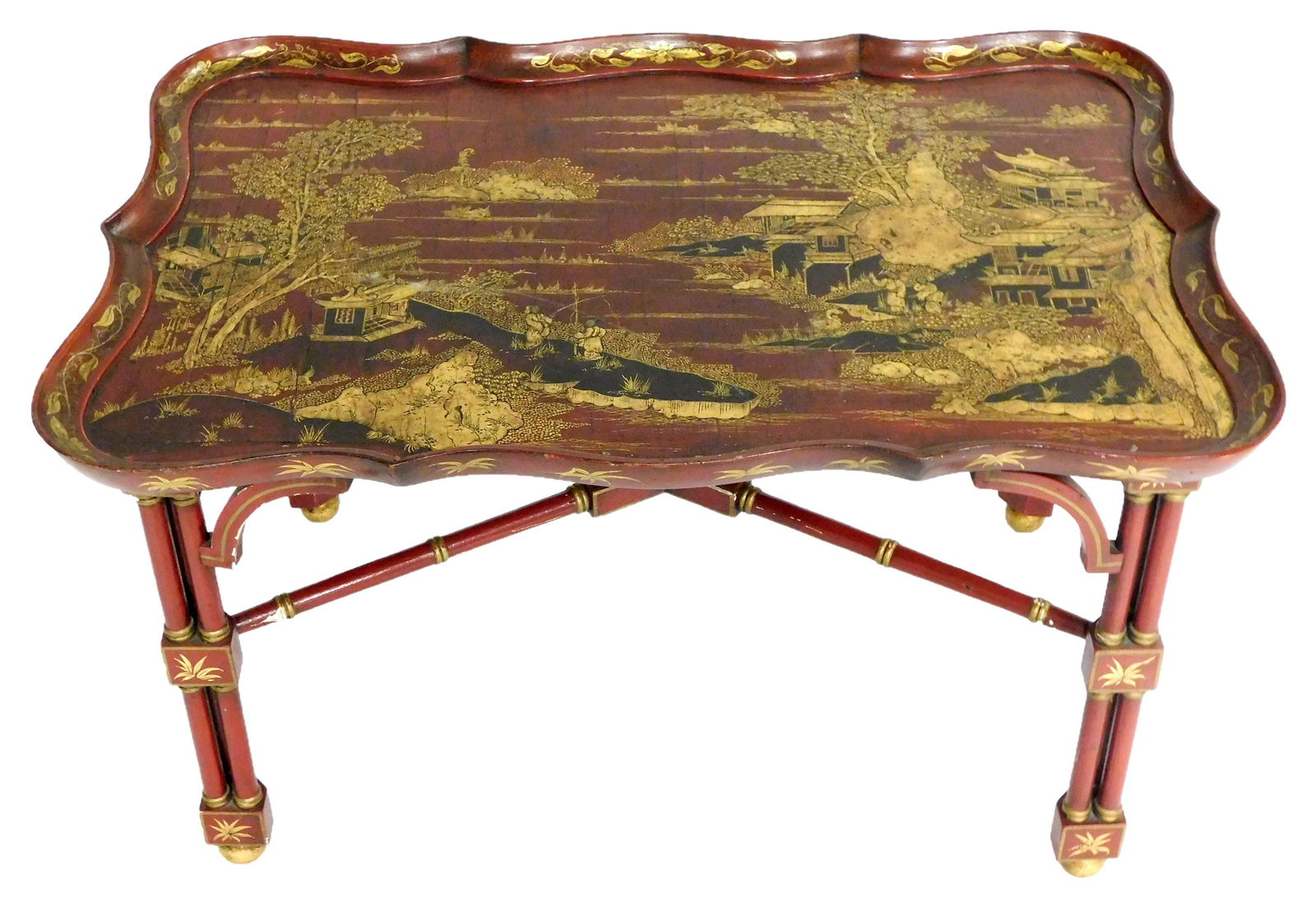 Chinoiserie tray top table, early to mid 20th C., painted finish with gilded Asian landscape with (1 of 2)
