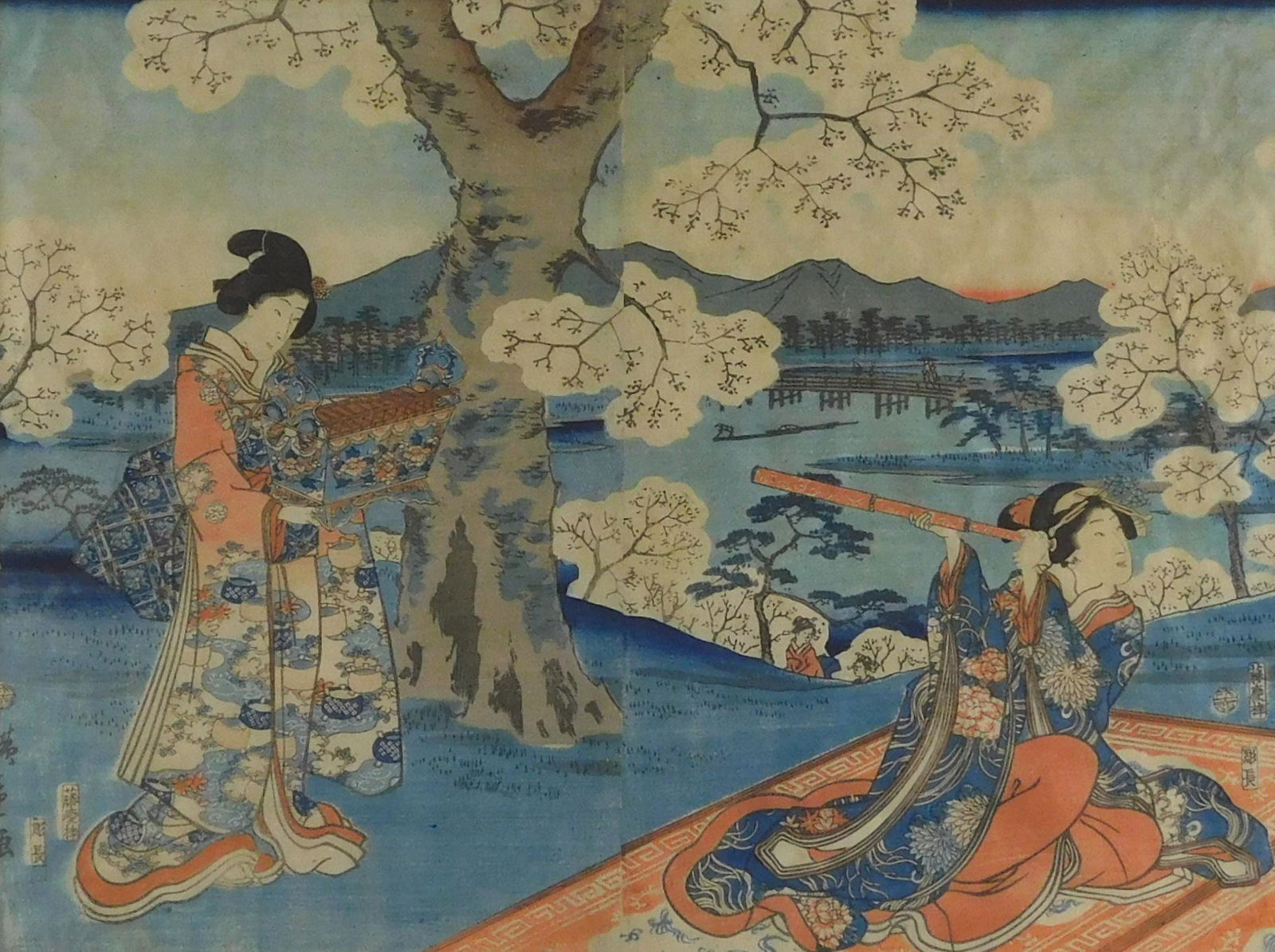 ASIAN: Japanese woodblock print, diptych of ladies in garden, one with telescope, the other carrying (1 of 2)