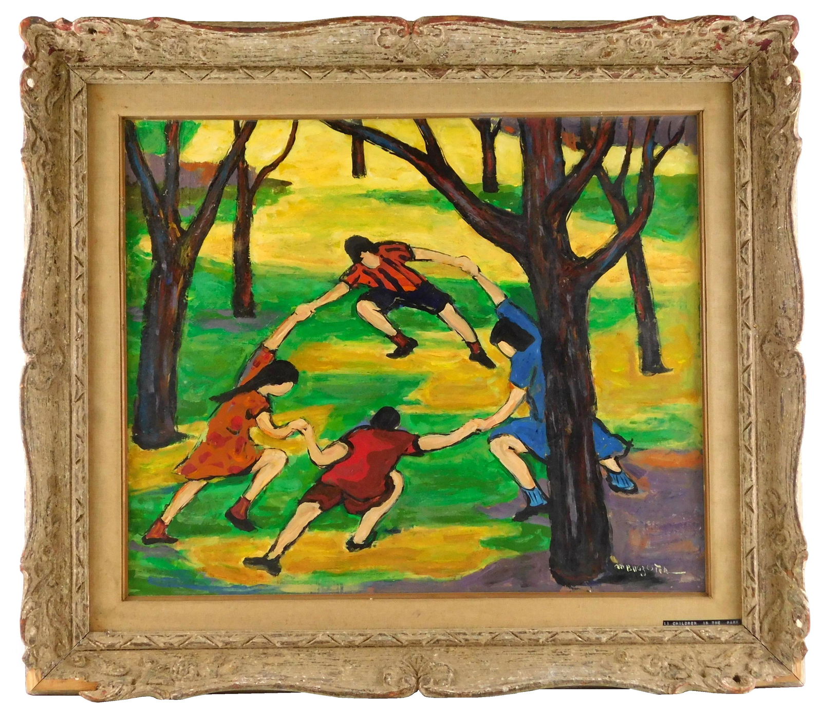 Maxim Bugzester (Polish/ American, 1910 - 1978) "Children in the Park" oil on canvas board, a circle (1 of 4)