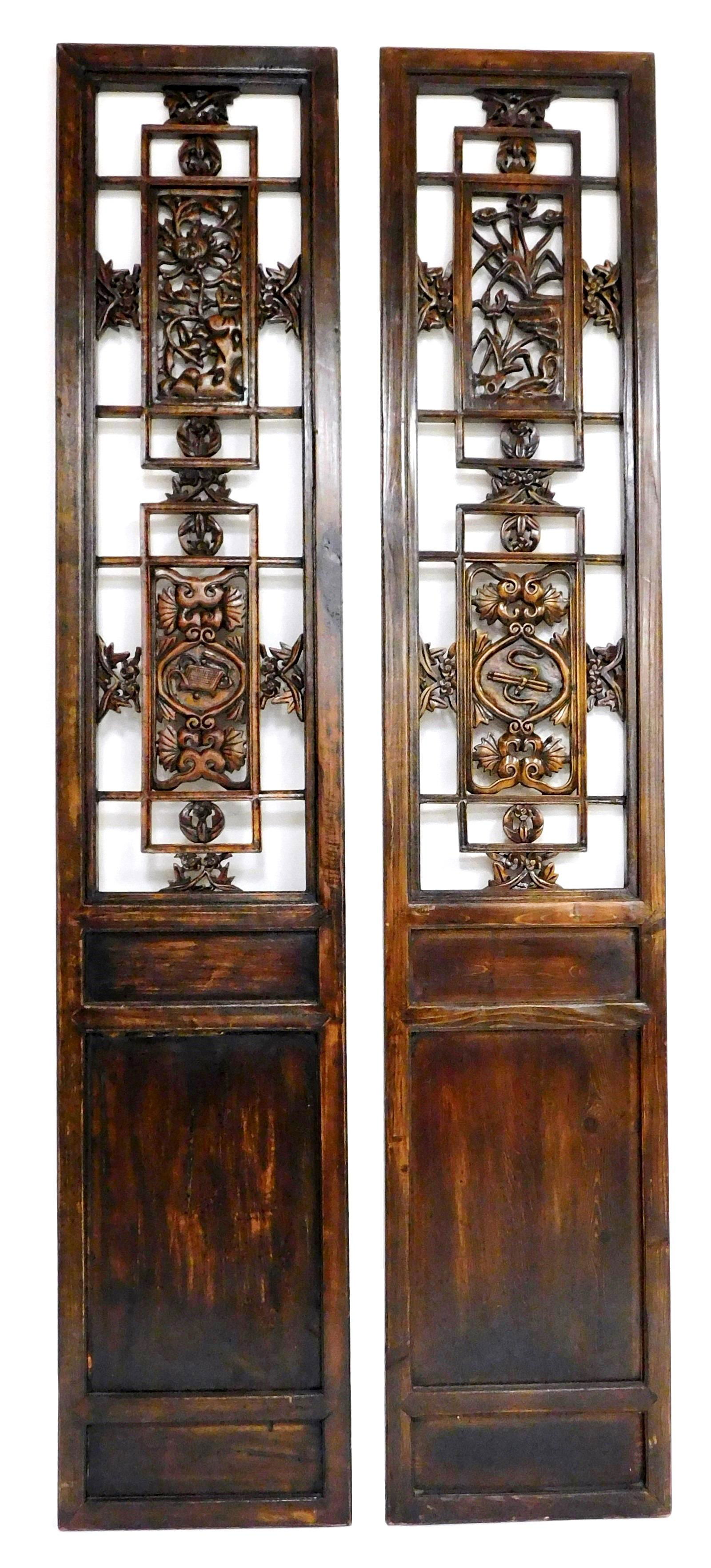 Pair of carved and pierced Asian style panels, 20th C., geometric motifs along with foliate and (1 of 4)