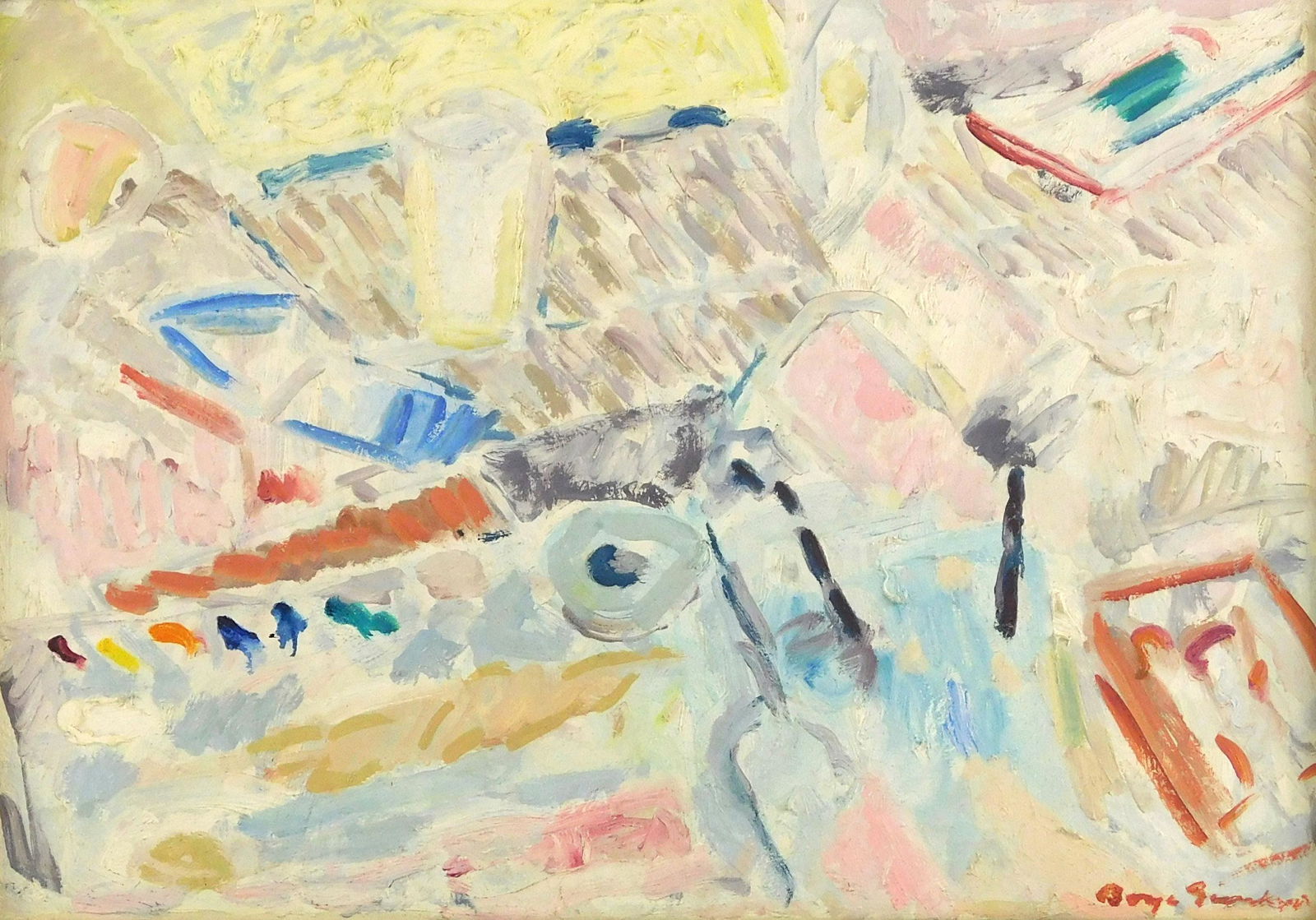 20th C. oil on canvas, abstract forms in pastel pinks, blues, yellows and gray, indistinctly signed (1 of 3)