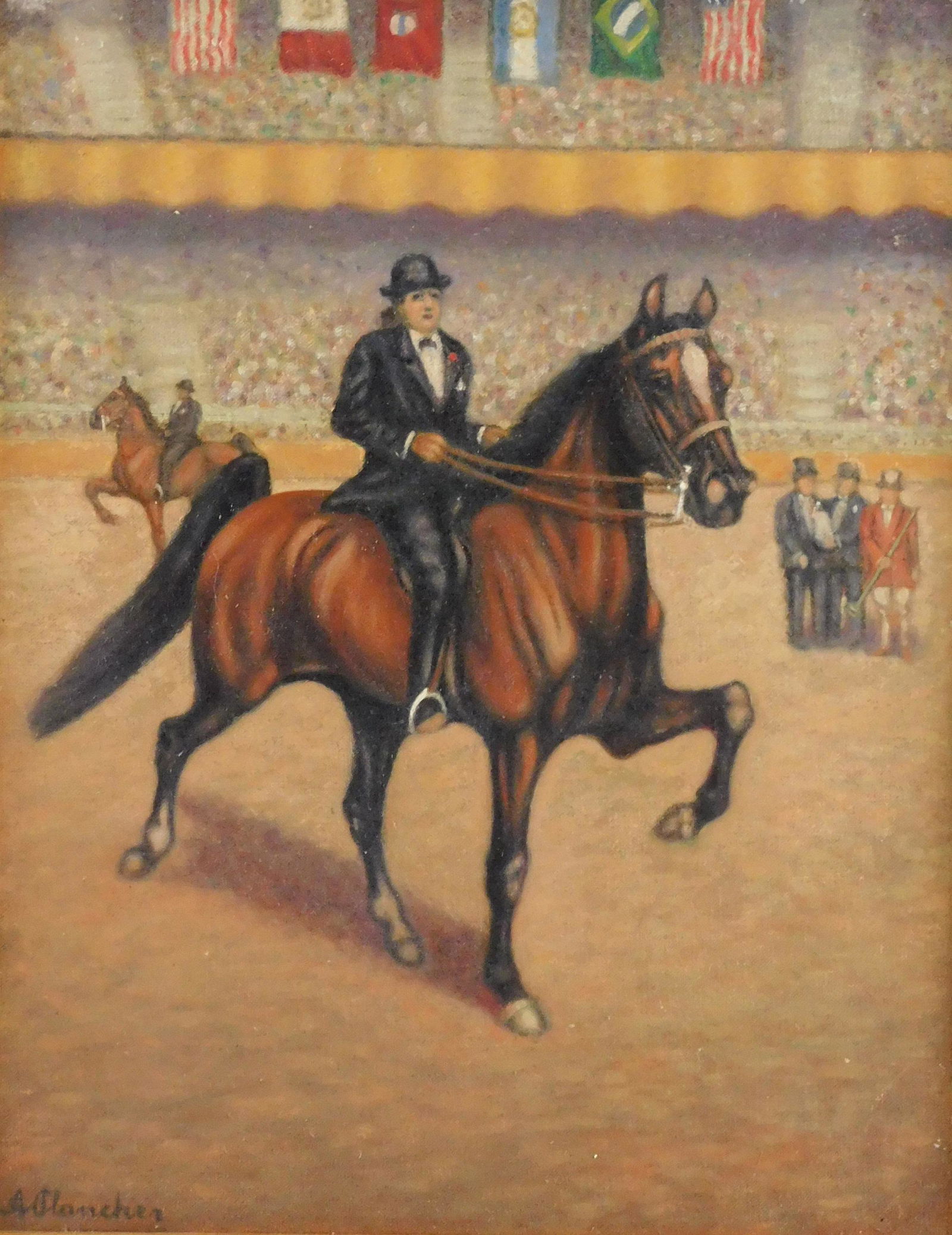 20th C. oil on canvas board, well dressed men ride horses around a packed arena, while other figures (1 of 4)