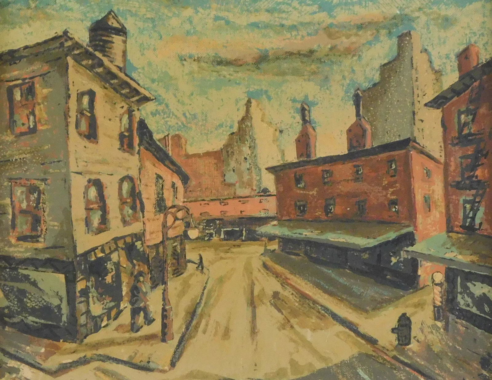 Harry Shoulberg (American, 1903 - 1995) "New York Street", serigraph (silk screen), a lone figure (1 of 3)