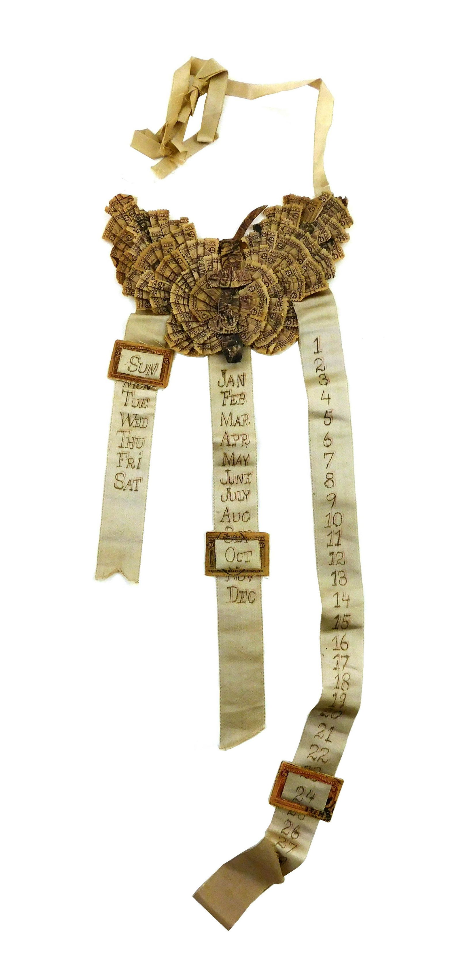 EPHEMERA: Pan-American Exposition stamp "calendar", hand-made, center fan comprised of crimped 2 (1 of 4)