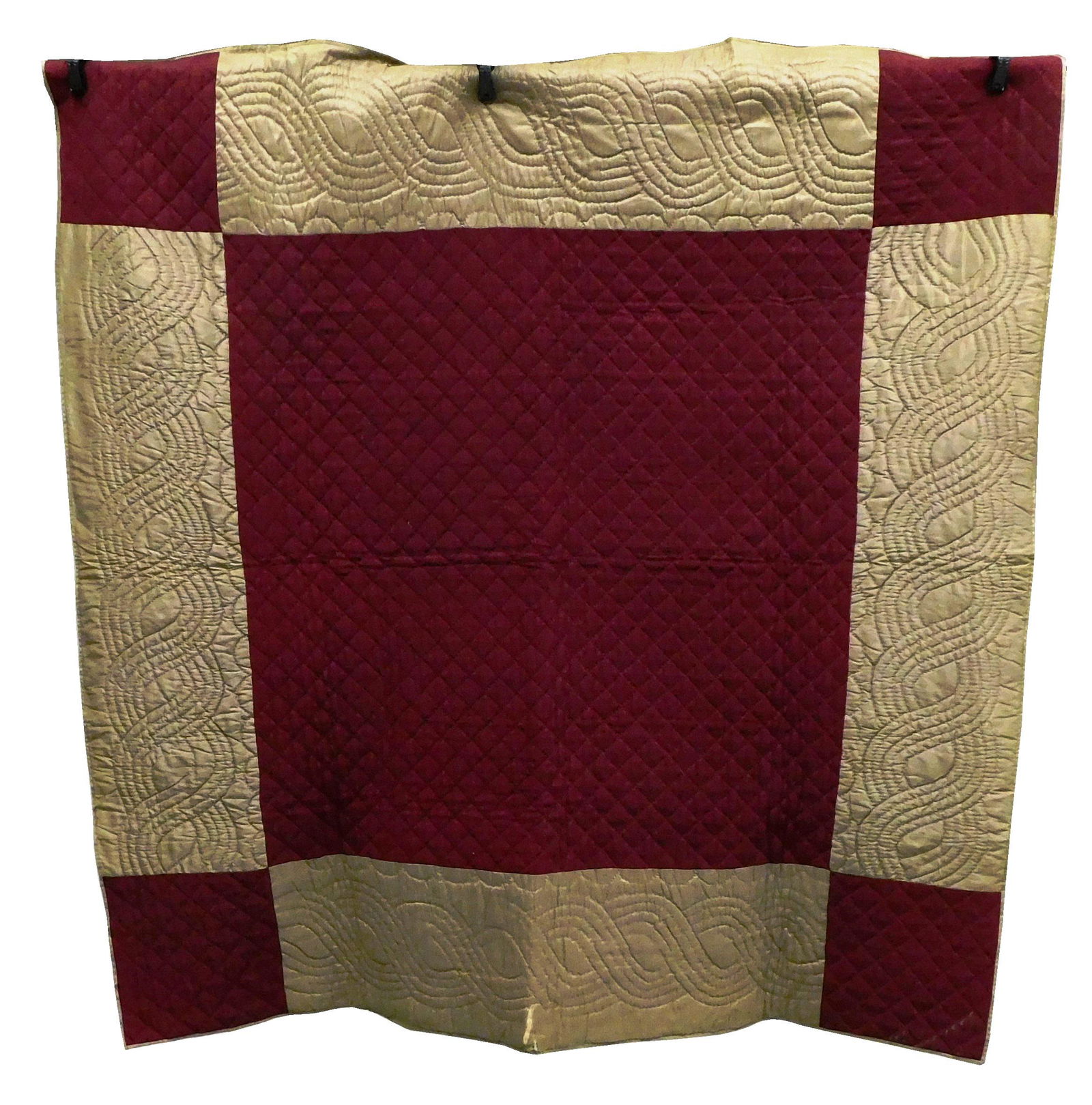TEXTILE: Amish/ Quaker quilt, 19th C., brown and red geometric design, wear consistent with age (1 of 3)