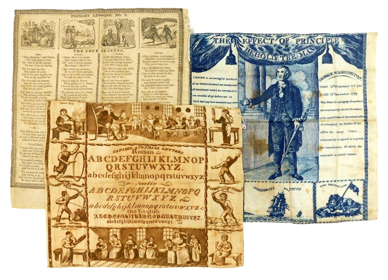 TEXTILES: Three 19th C. copperplate handkerchiefs, including: "Effect of Principle / Behold the (1 of 8)