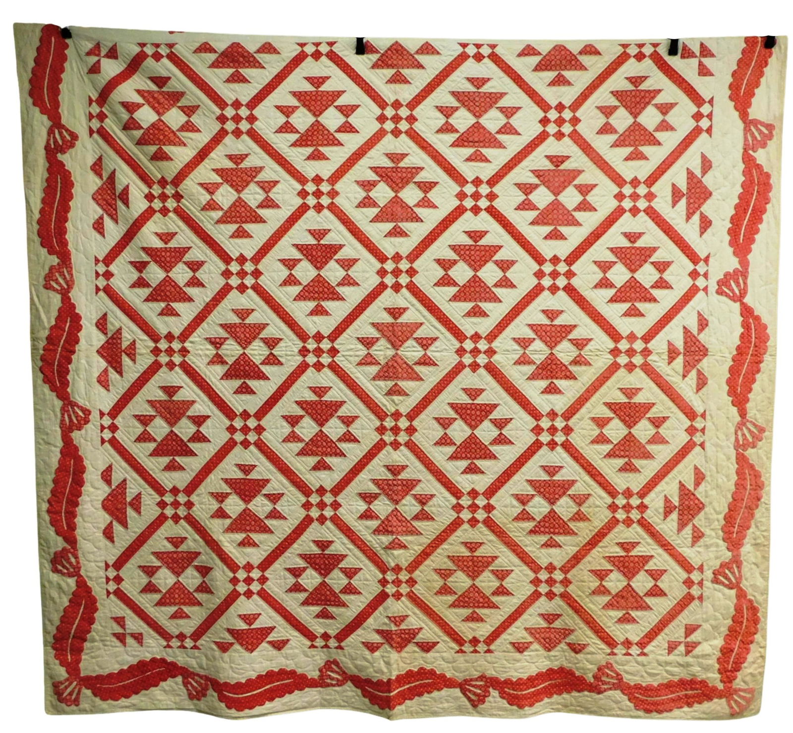 TEXTILE: Quilt with applique border, c. 1860, center patchwork red and white, some fading in turkey (1 of 3)
