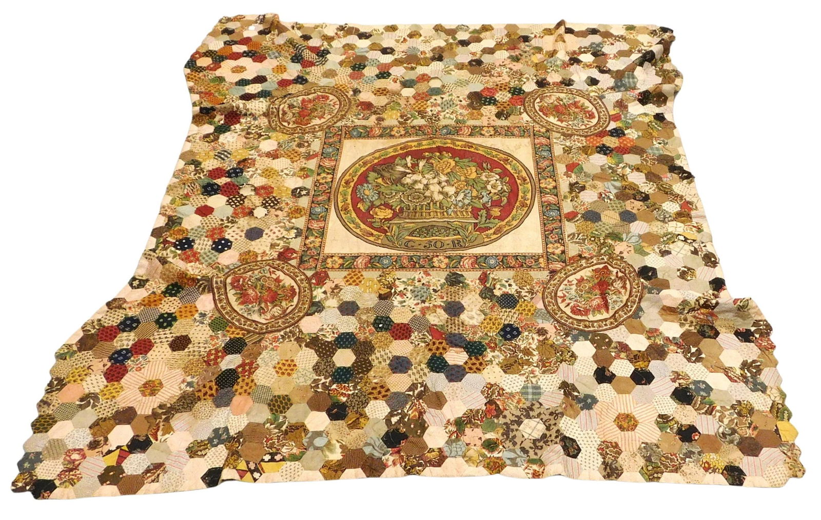 TEXTILES: Center medallion cotton quilt, c. 1815-1825, unfinished, with template-pieced hexagons of (1 of 3)