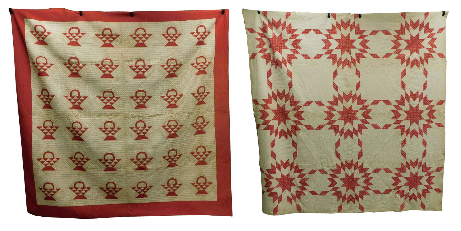 TEXTILES: Two quilts, both red and white patch work: one basket c. 1900; one star c. 1840, both fair (1 of 9)