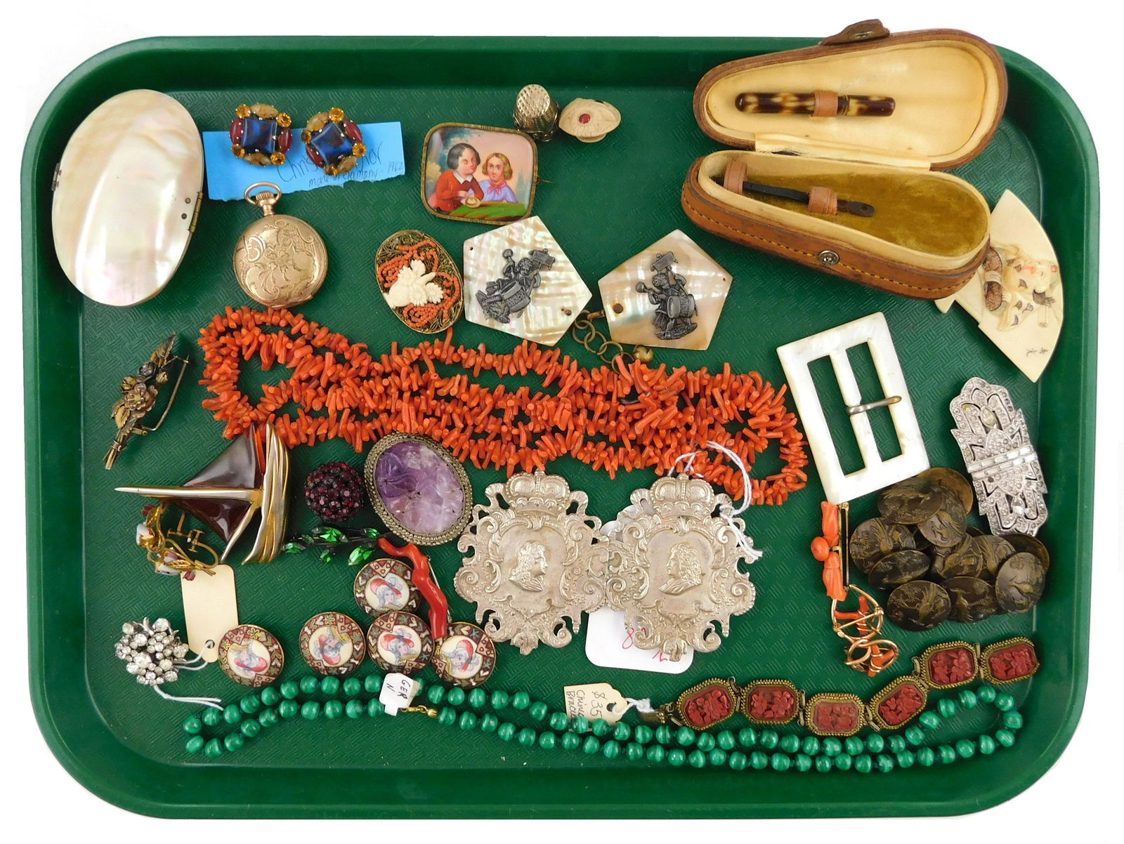 JEWELRY: 30+ pieces of costume jewelry, 19th/ 20th C., materials include enamel, fold-plate, shell,: JEWELRY: 30+ pieces of costume jewelry, 19th/ 20th C., materials include enamel, fold-plate, shell, malachite, cinnabar, ceramic, etc., types of pieces include earrings, pins, link bracelets, women's