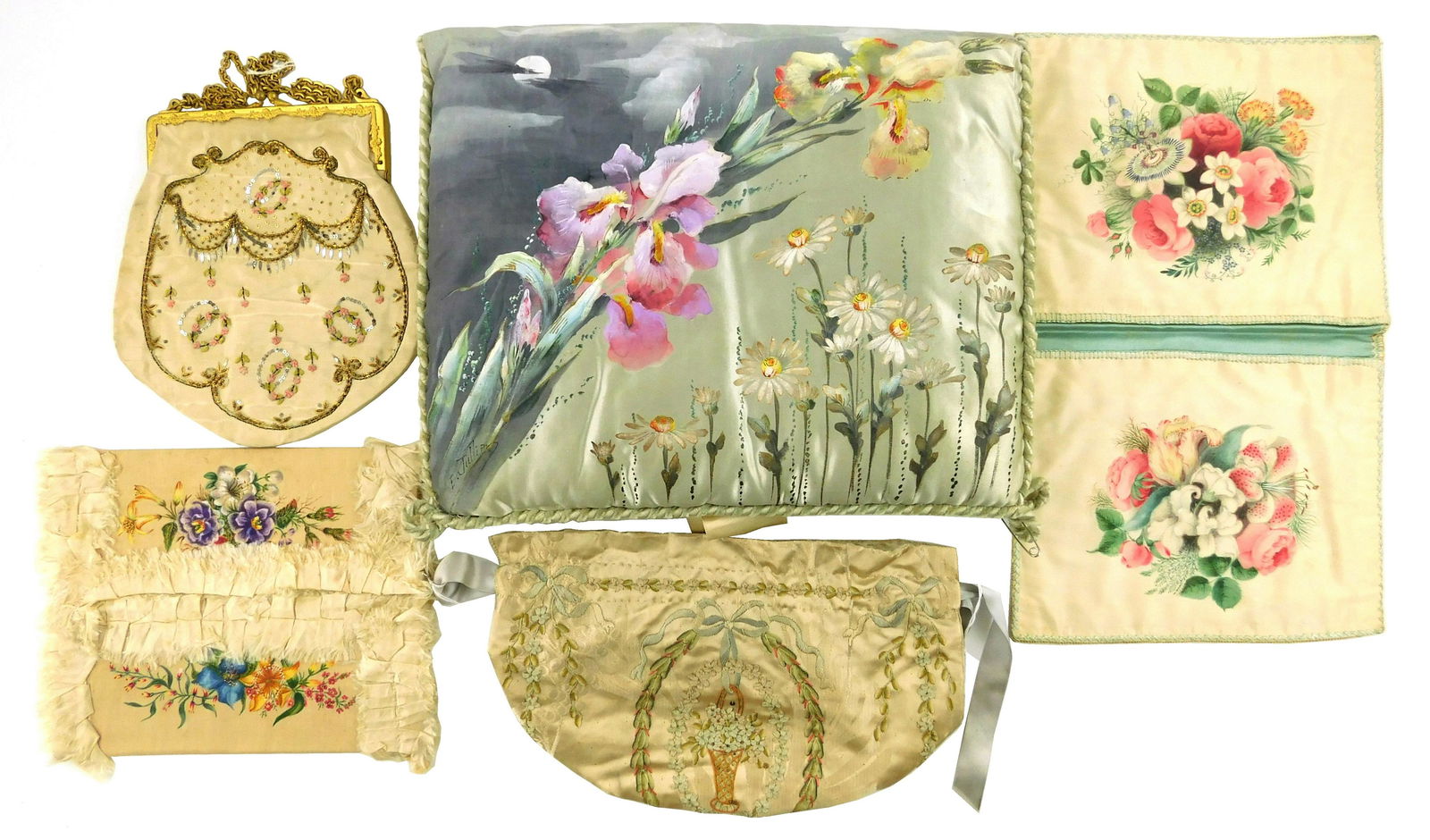 Five silk pieces: two purses, c. 1900-1925, one with mirror, with silk ribbon embroidery; three c. (1 of 8)