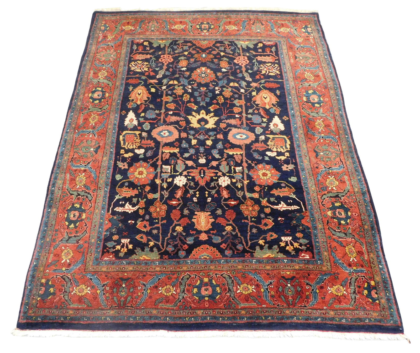 RUG: Modern Persan Bijar, wool on cotton, navy field with red border and accents of green, cream, (1 of 4)
