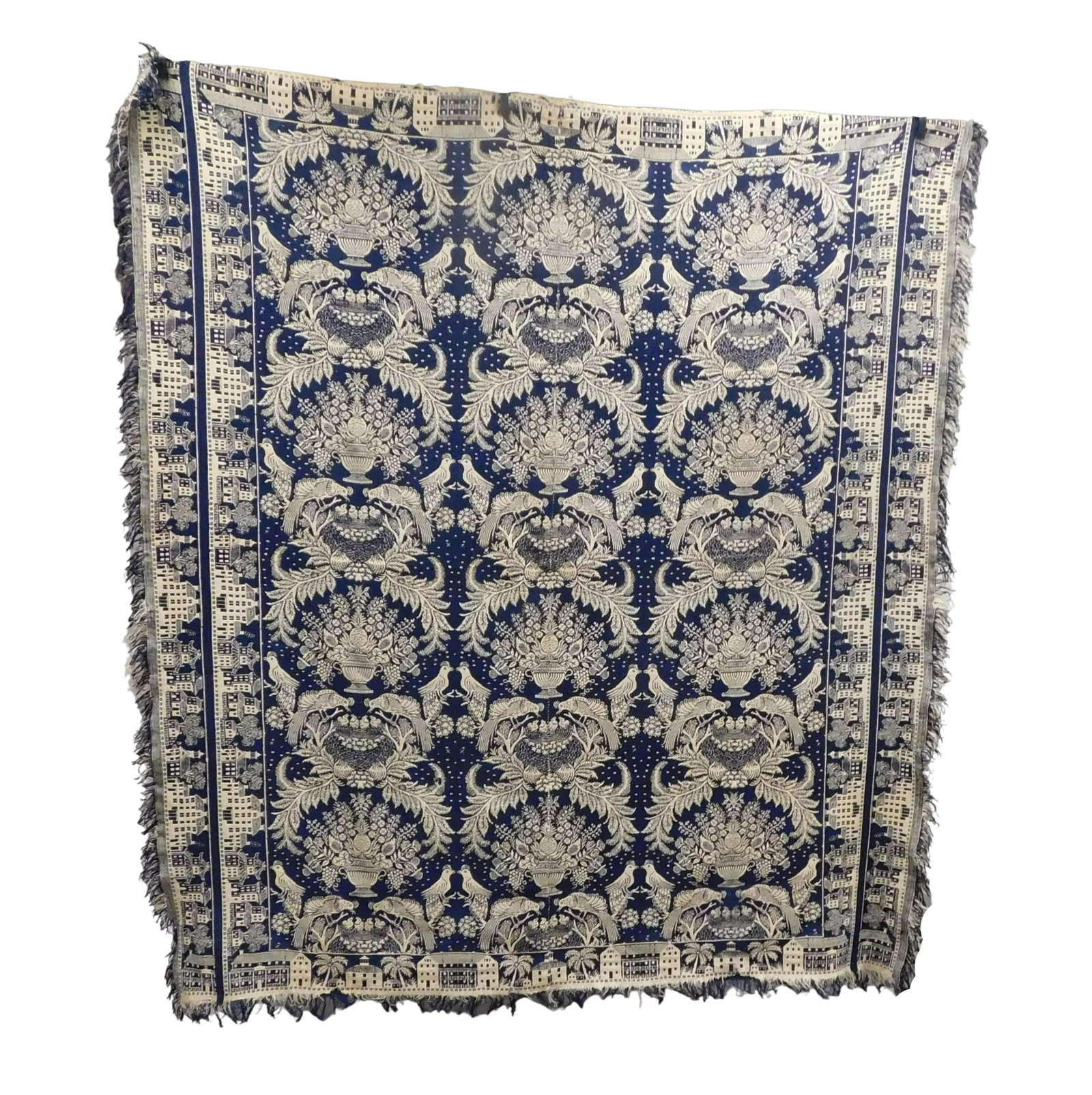 TEXTILE: Blue wool and white cotton jacquard-woven coverlet, c. 1830s, with a design throughout the (1 of 4)