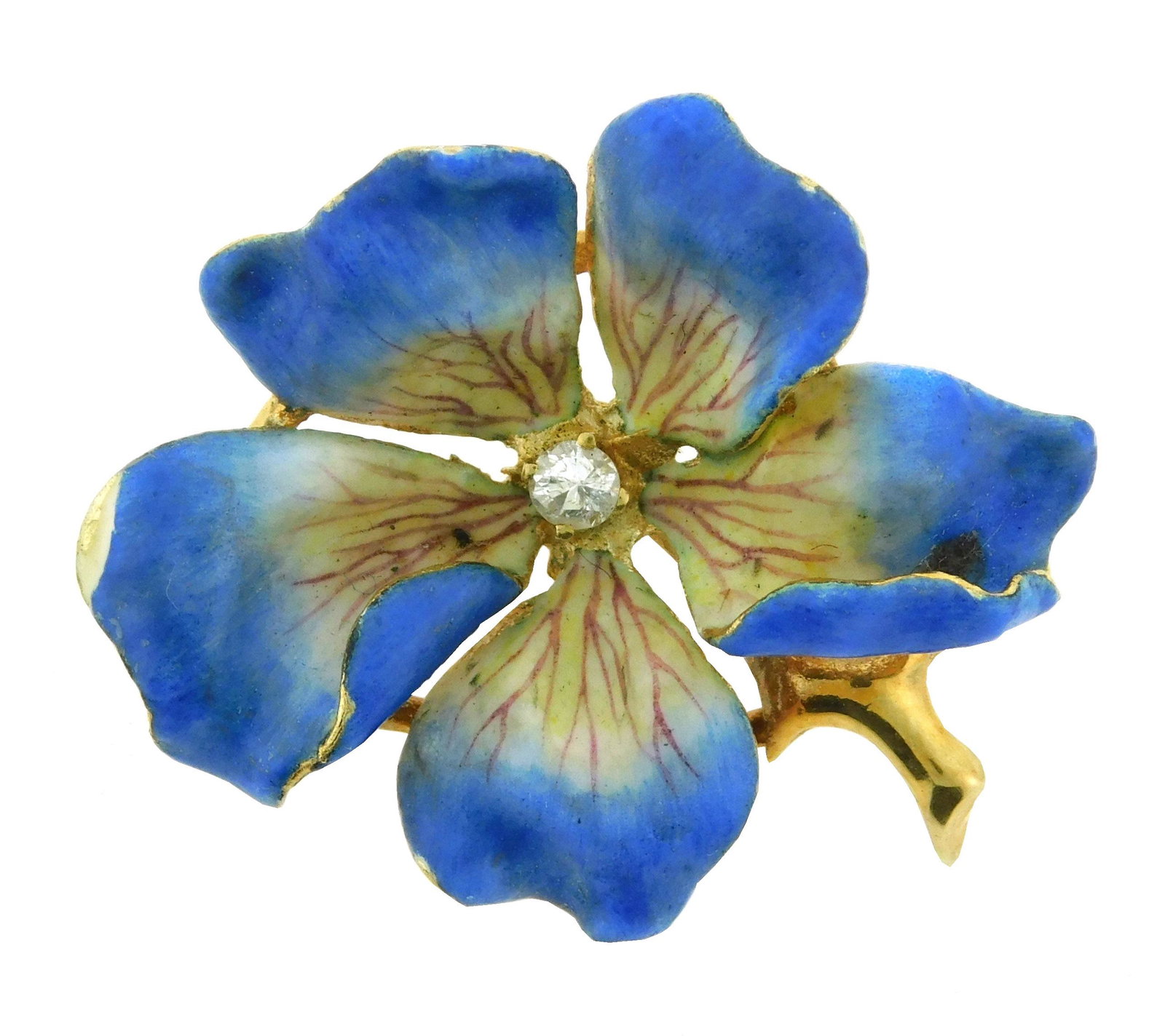 JEWELRY: Vintage 14K enameled pansy diamond pin, stamped and tested 14K yellow gold pansy pin, light (1 of 3)