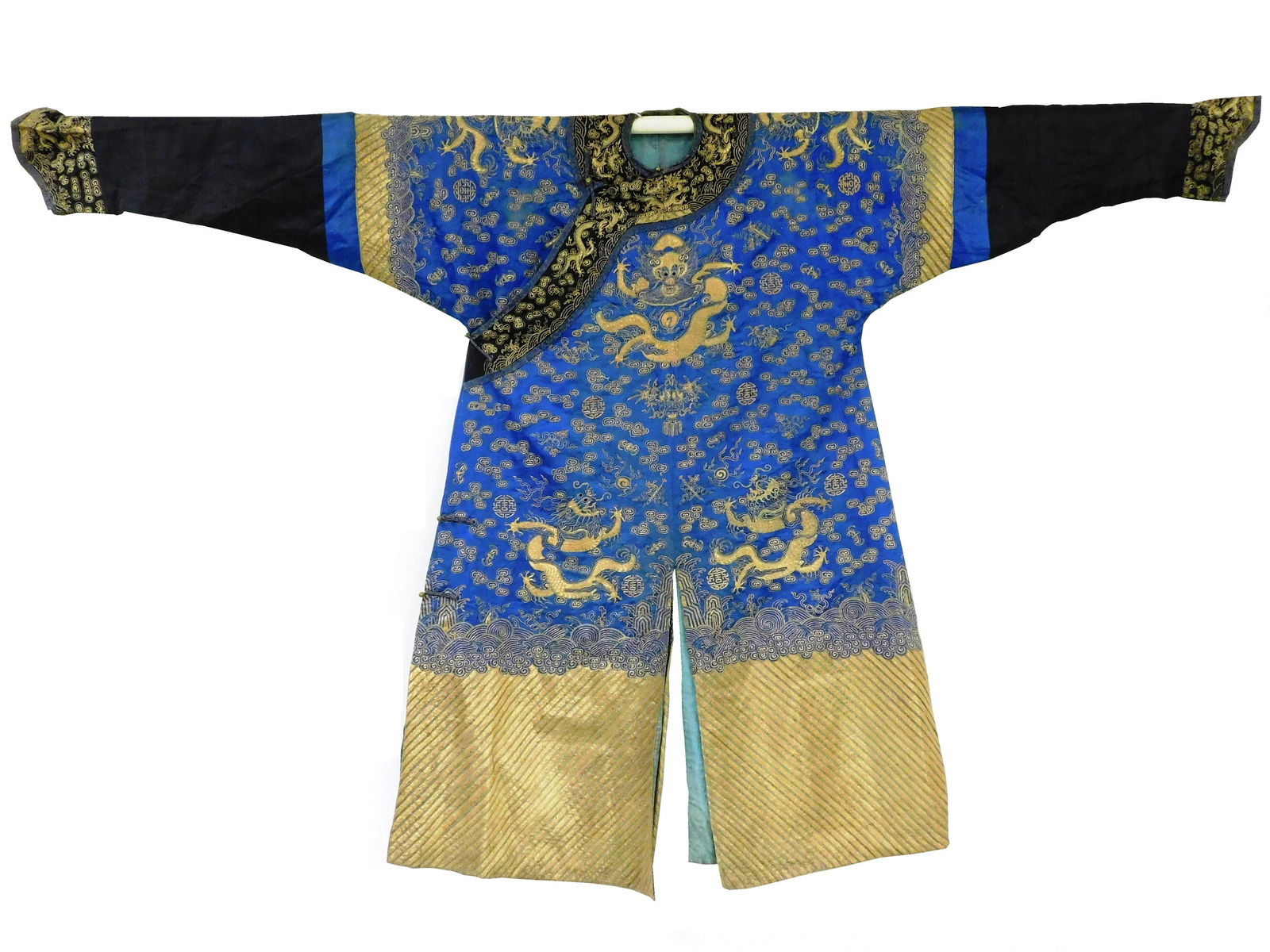 ASIAN: Chinese blue silk embroidered robe, late 19th/ 20th C., with five claw dragon motif in gold (1 of 6)