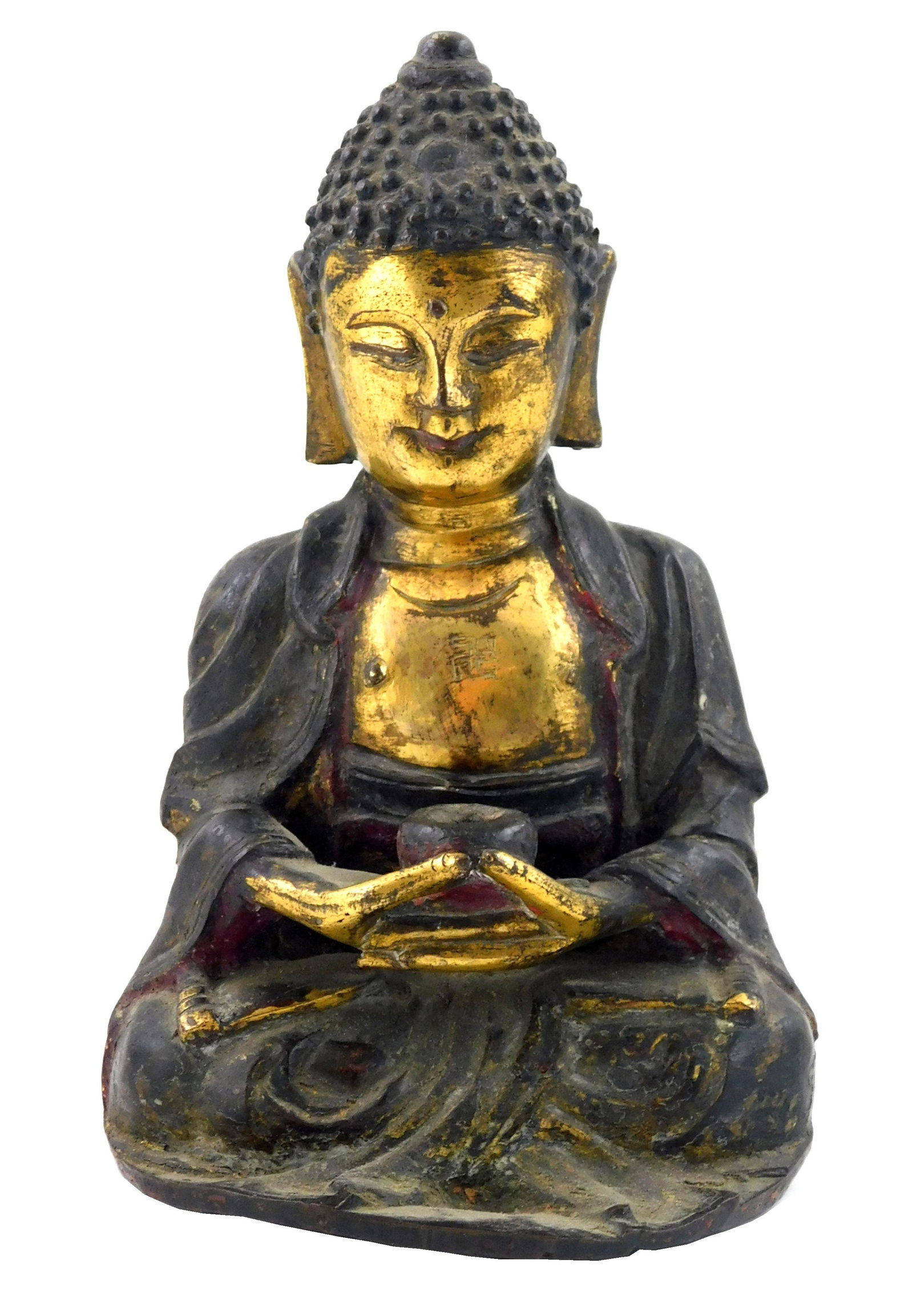 ASIAN: Bronze figure of Buddha, probably Chinese, Ming style but probably later, gilt accents, no (1 of 4)