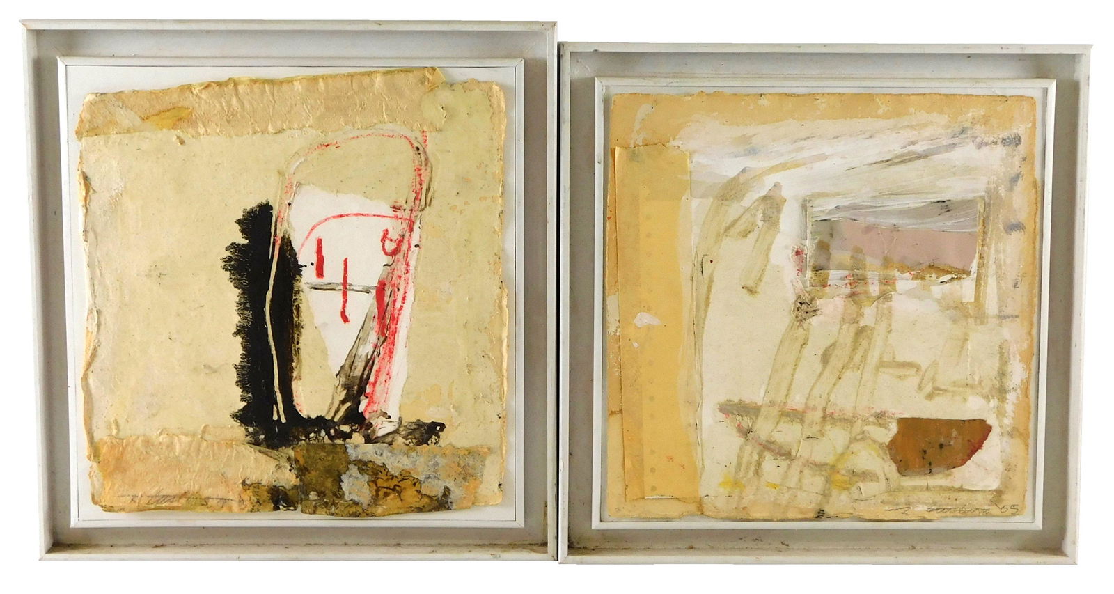 Pair of mixed media contemporary art pieces in matching frames, both with paper, tape, and overall (1 of 5)
