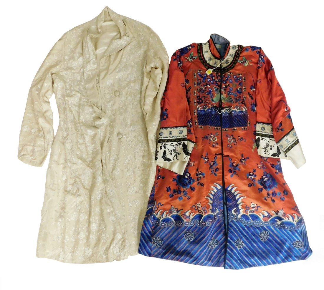 ASIAN: Two Chinese embroidered robes: one red silk Mandarin robe or court coat with embroidered civi (1 of 4)