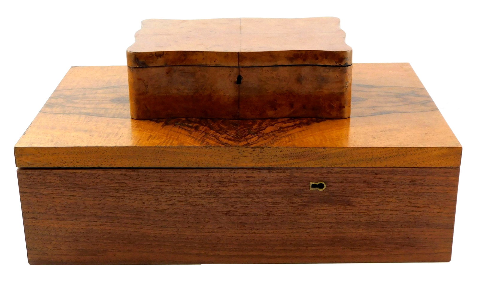 Two boxes, late 19th/ early 20th C., both with book veneer to top, details include: largest with (1 of 3)