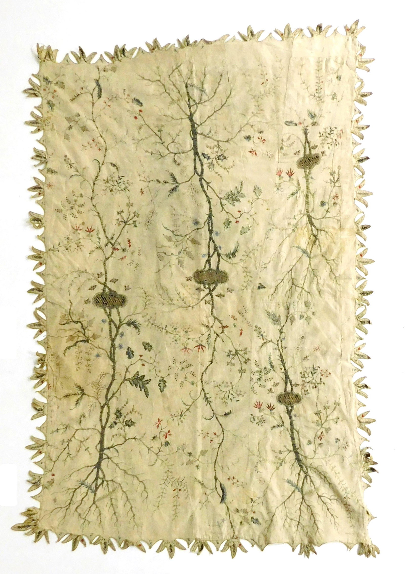 TEXTILE: Cover made from earlier textile sections, embroidered cream silk, likely French 18th C., (1 of 3)