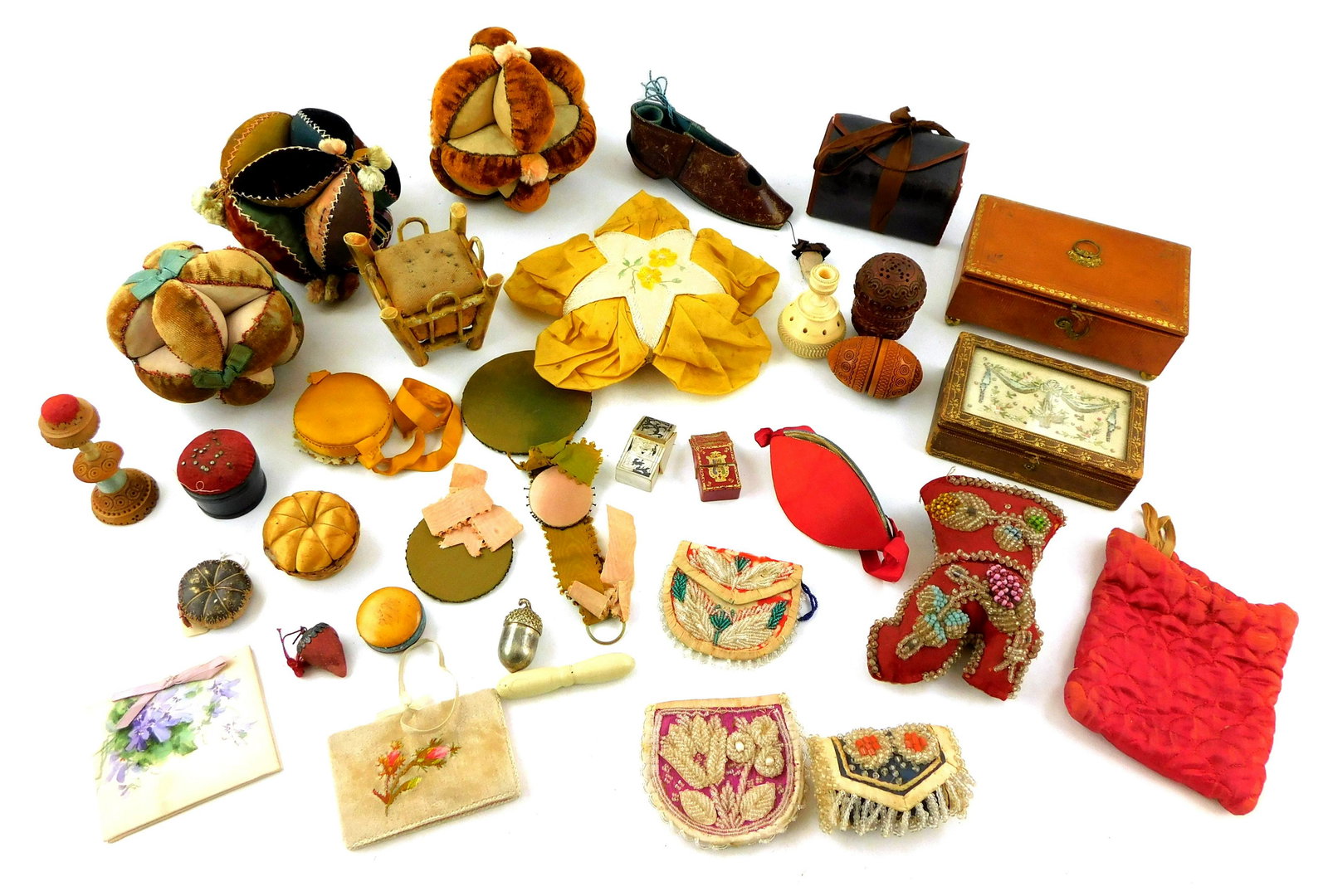 19th C. sewing accessories, 15+ pieces including: three velvet pincushion balls, beaded boot, needle (1 of 7)