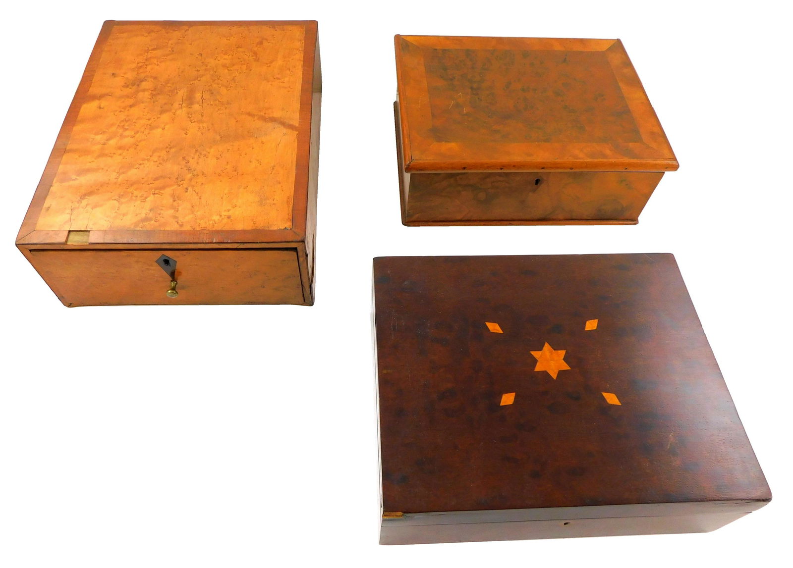 Three 19th C. boxes, including: largest with birdseye figured maple veneer banded with a darker (1 of 5)