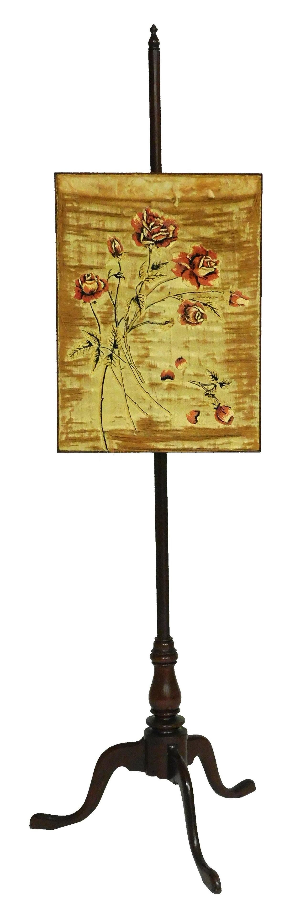New England pole screen, late 18th C., embroidered screen with roses on gold background, mahogany (1 of 4)