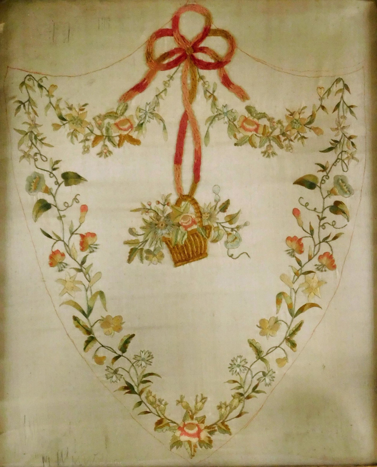 Federal period embroidery, silk on silk, c. 1800, signed "M. W. Willson" indistinctly at lower left, (1 of 3)